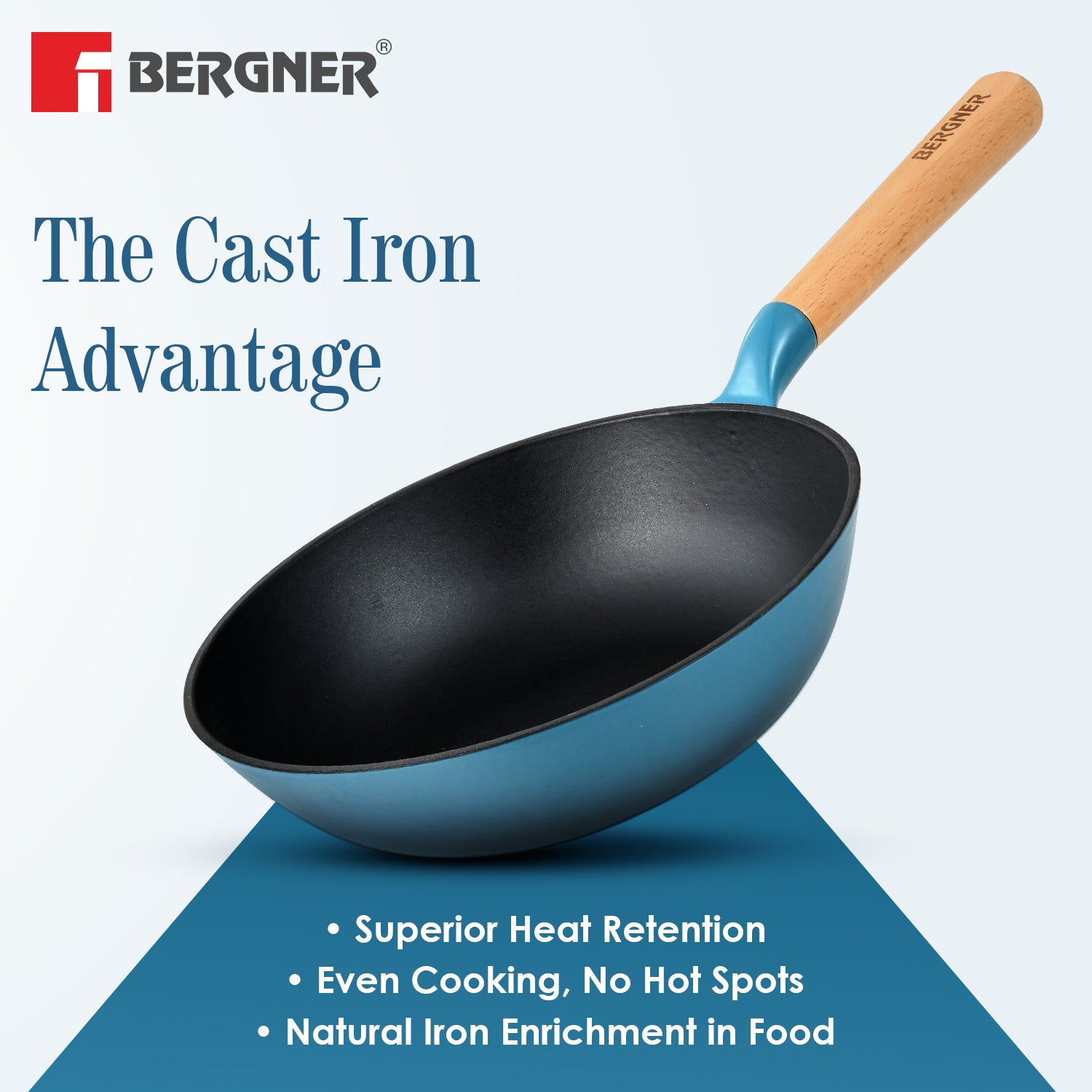 Excalibur Light Cast Iron 24cm (2L) Wok - Induction Bottom, Blue