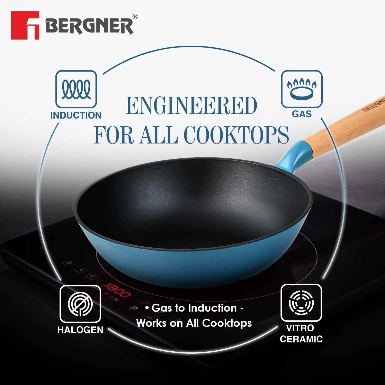 Excalibur Light Cast Iron 24cm (2L) Wok - Induction Bottom, Blue