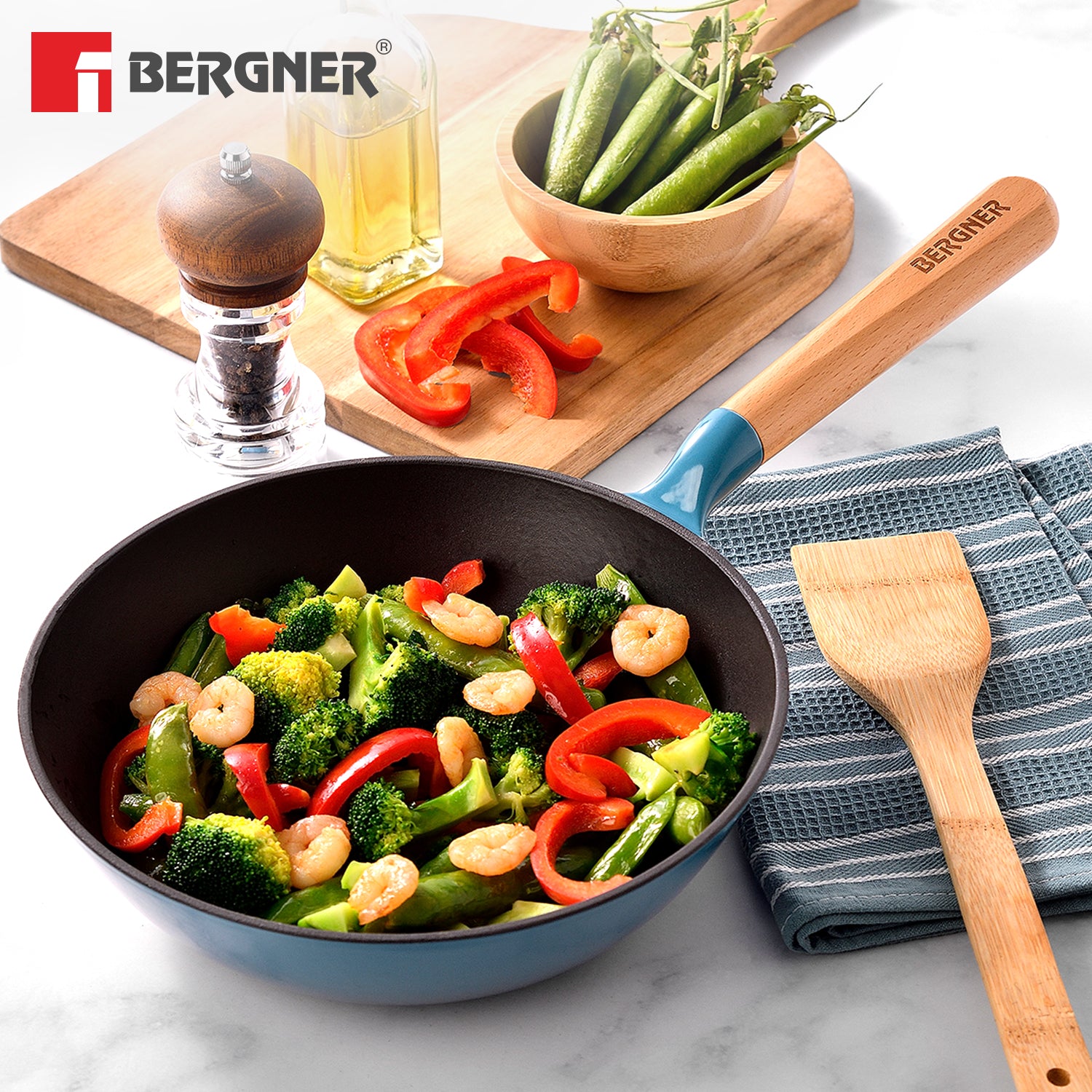 Excalibur Light Cast Iron 24cm (2L) Wok - Induction Bottom, Blue