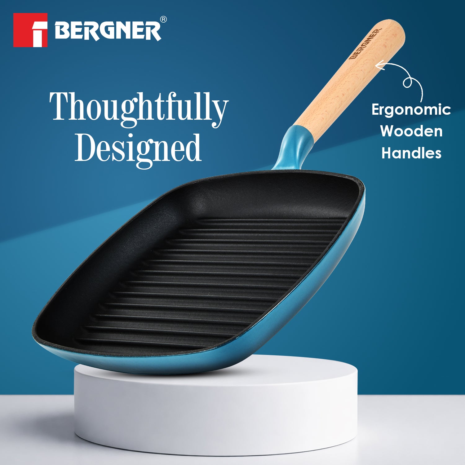 Excalibur Light Cast Iron 24cm Square Grill Pan - Induction Bottom, Blue