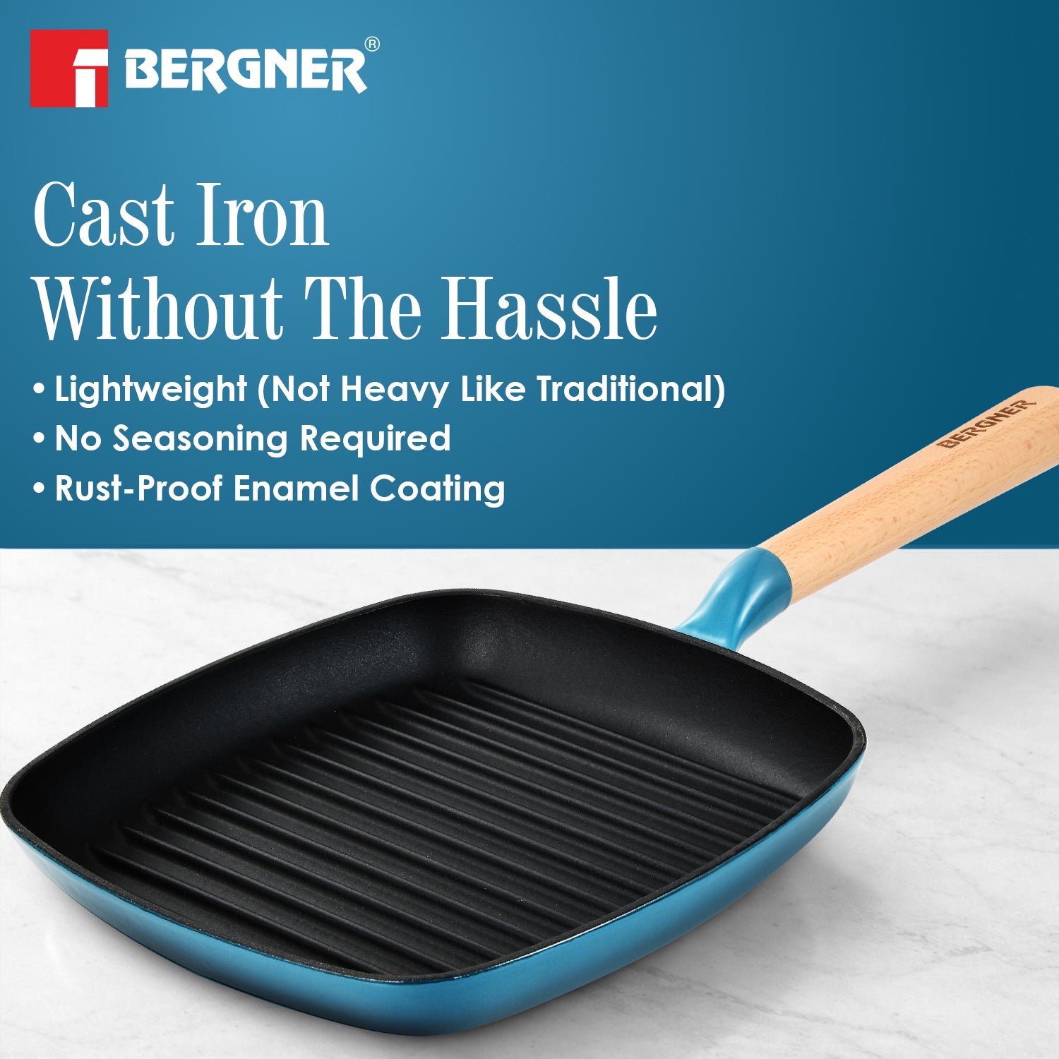 Excalibur Light Cast Iron 24cm Square Grill Pan - Induction Bottom, Blue