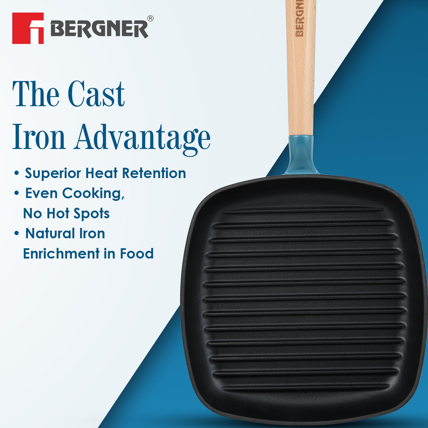 Excalibur Light Cast Iron 24cm Square Grill Pan - Induction Bottom, Blue