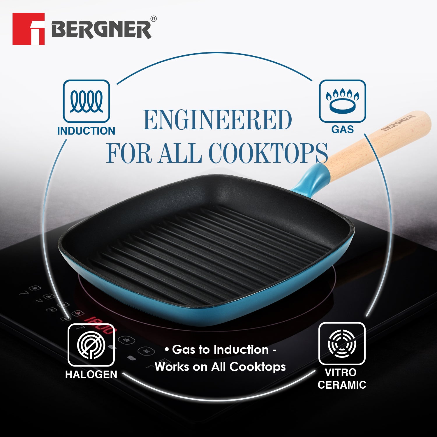 Excalibur Light Cast Iron 24cm Square Grill Pan - Induction Bottom, Blue