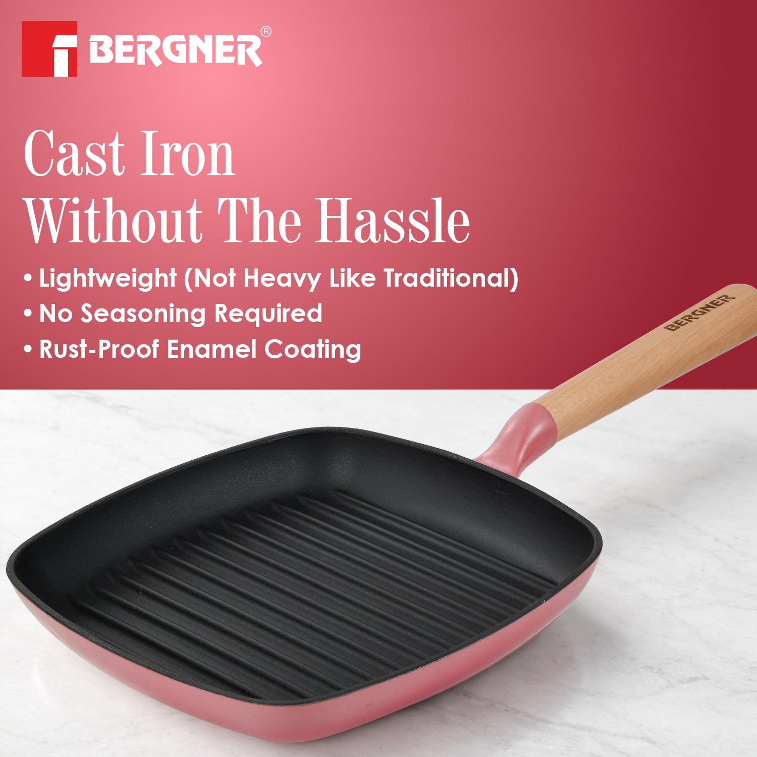 Excalibur Light Cast Iron 24cm Square Grill Pan - Induction Bottom, Pink
