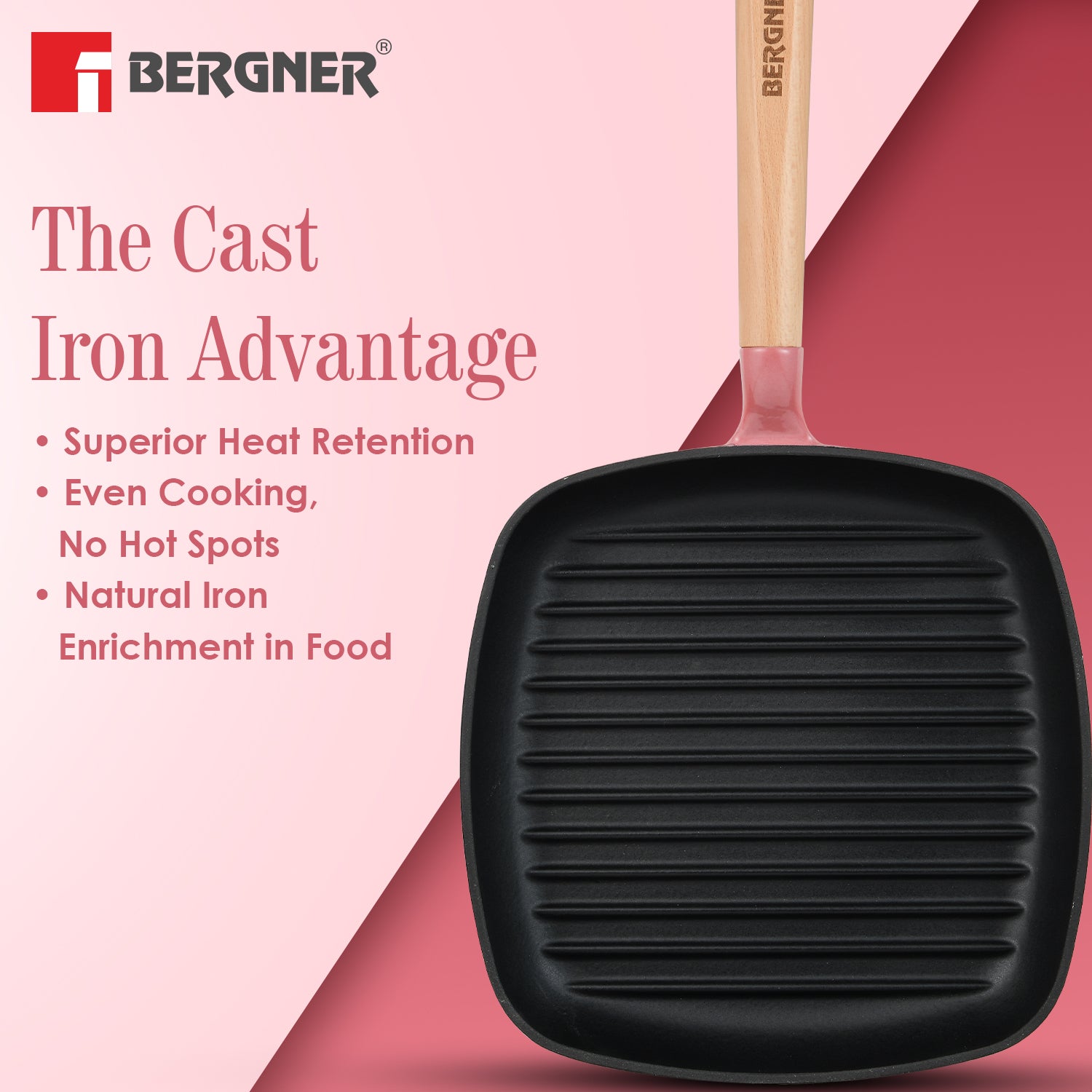 Excalibur Light Cast Iron 24cm Square Grill Pan - Induction Bottom, Pink