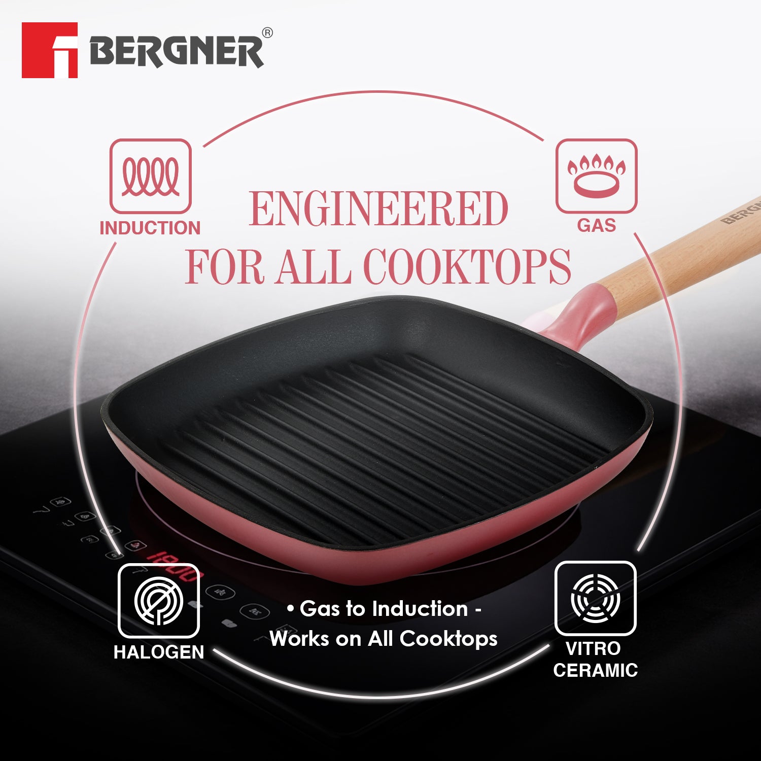 Excalibur Light Cast Iron 24cm Square Grill Pan - Induction Bottom, Pink