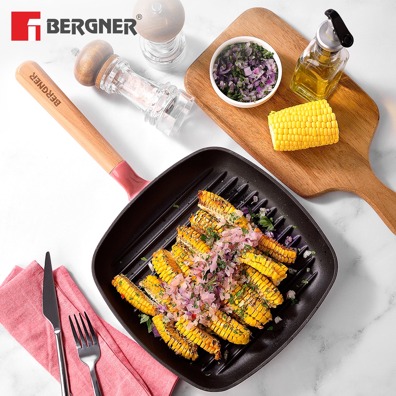 Excalibur Light Cast Iron 24cm Square Grill Pan - Induction Bottom, Pink