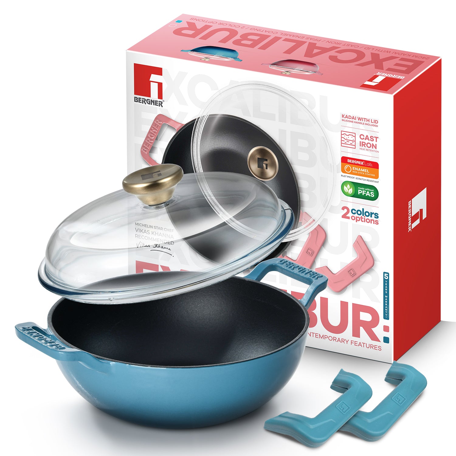 Excalibur Light Cast Iron 24cm (2.5L) Kadai with Lid - Induction Bottom, Blue