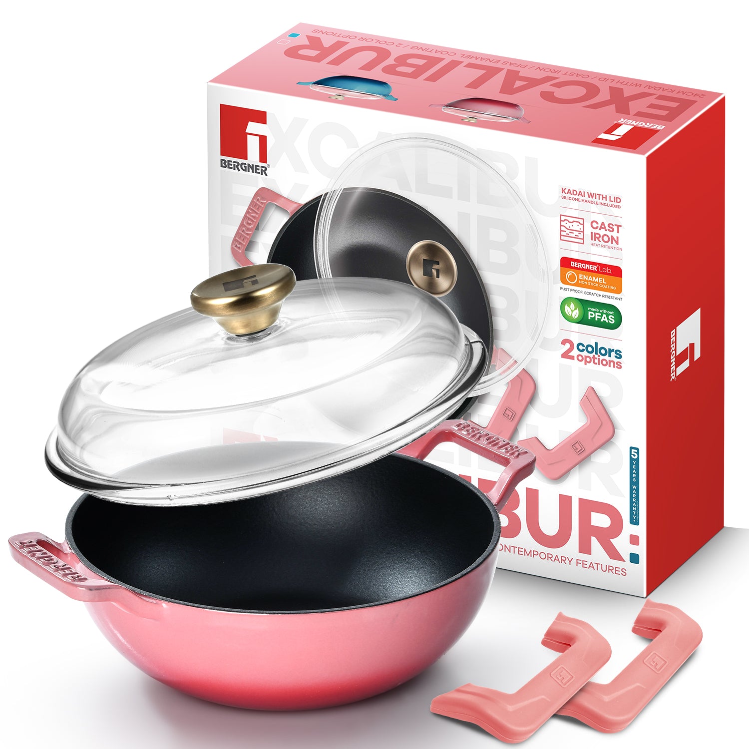 Excalibur Light Cast Iron 24cm (2.5L) Kadai with Lid - Induction Bottom, Pink