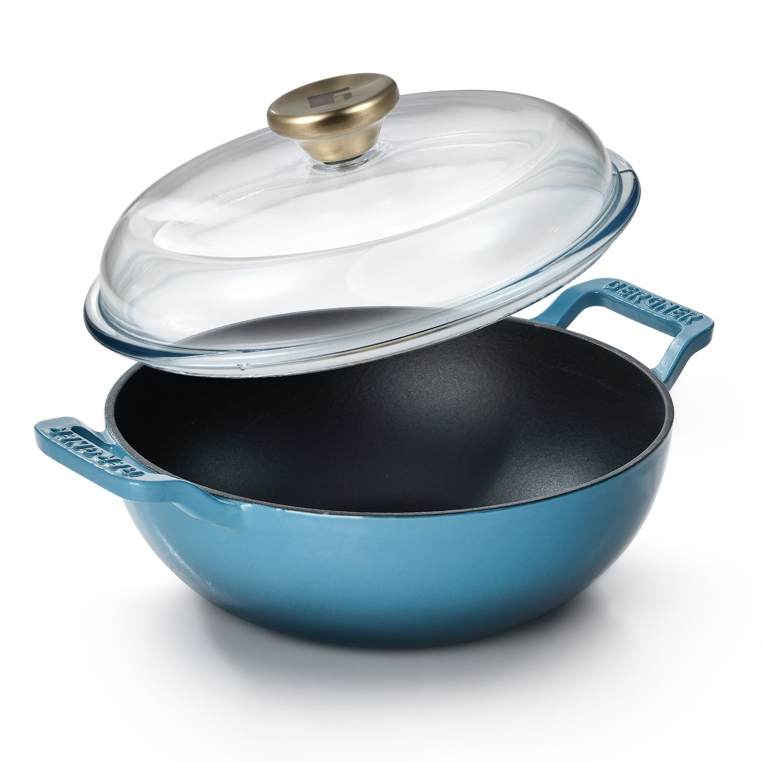 Excalibur Light Cast Iron 24cm (2.5L) Kadai with Lid - Induction Bottom, Blue