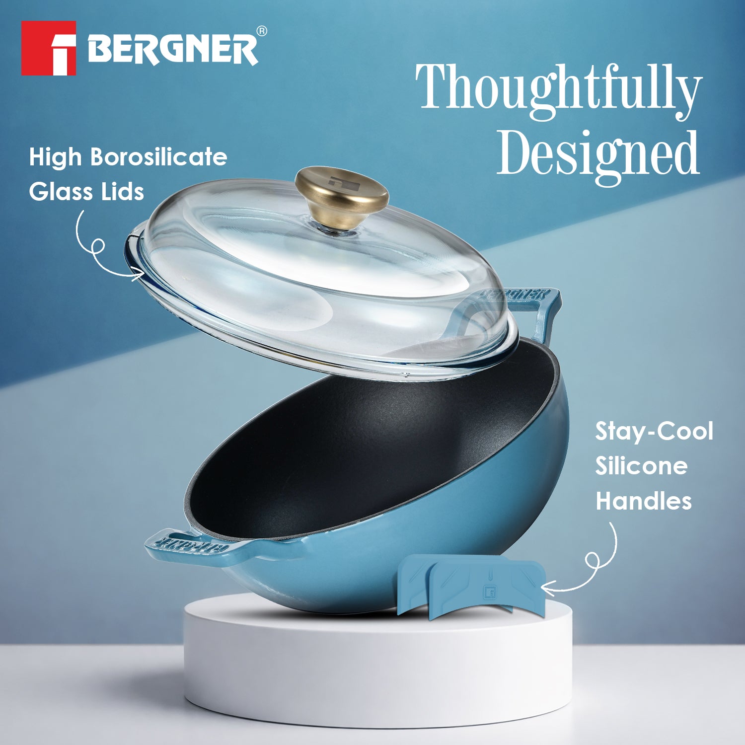 Excalibur Light Cast Iron 24cm (2.5L) Kadai with Lid - Induction Bottom, Blue