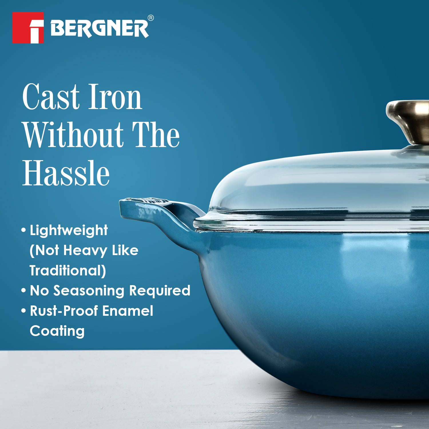 Excalibur Light Cast Iron 24cm (2.5L) Kadai with Lid - Induction Bottom, Blue