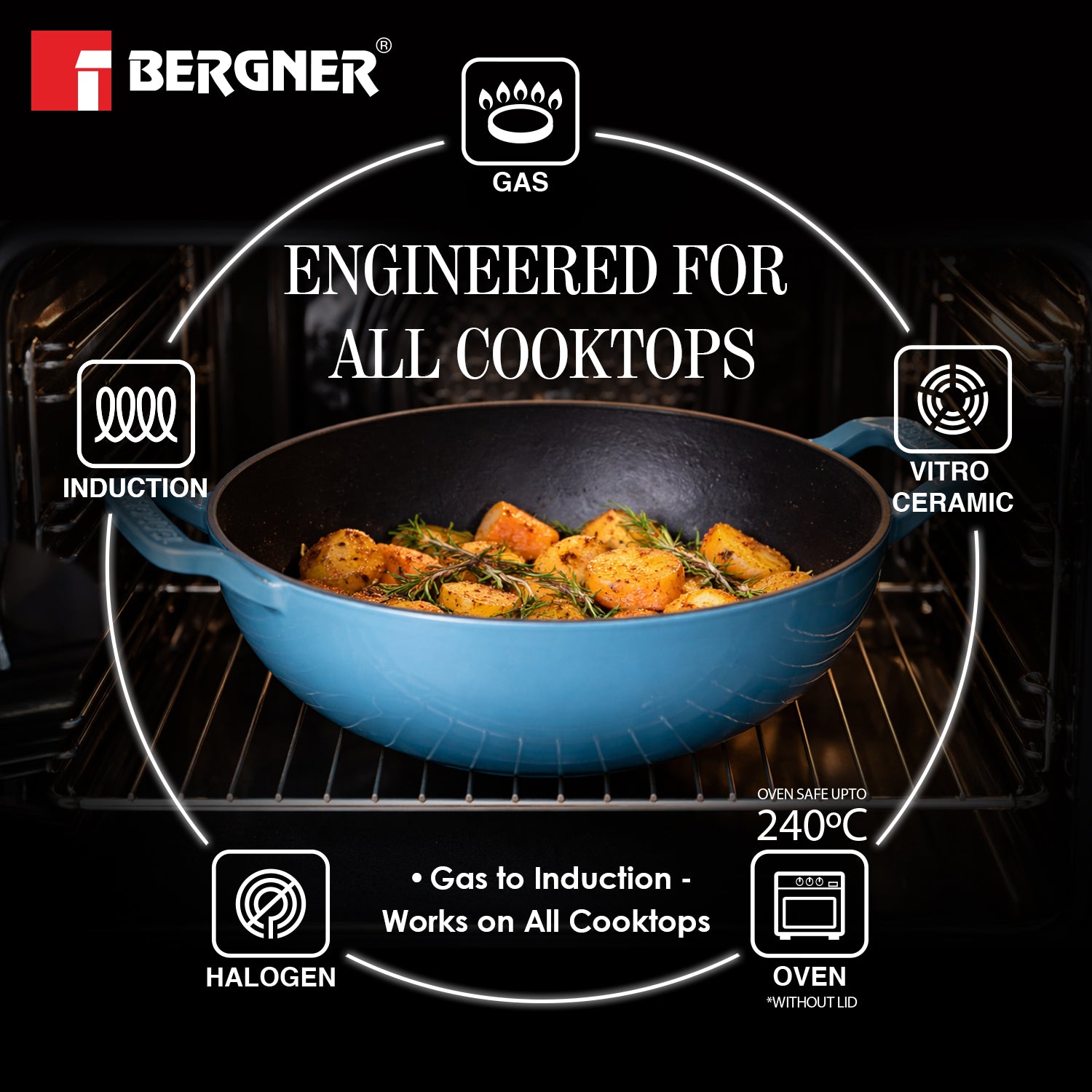Excalibur Light Cast Iron 24cm (2.5L) Kadai with Lid - Induction Bottom, Blue
