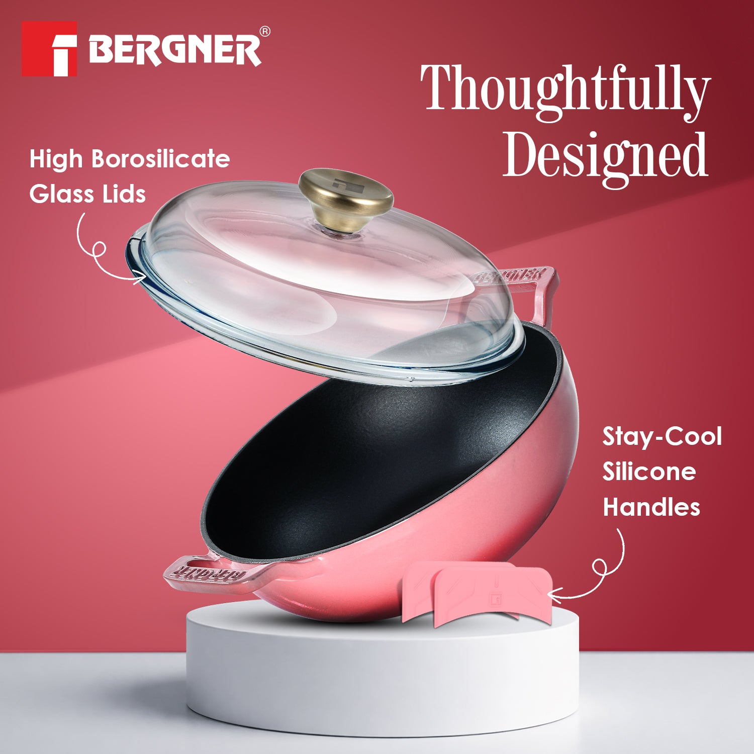 Excalibur Light Cast Iron 24cm (2.5L) Kadai with Lid - Induction Bottom, Pink