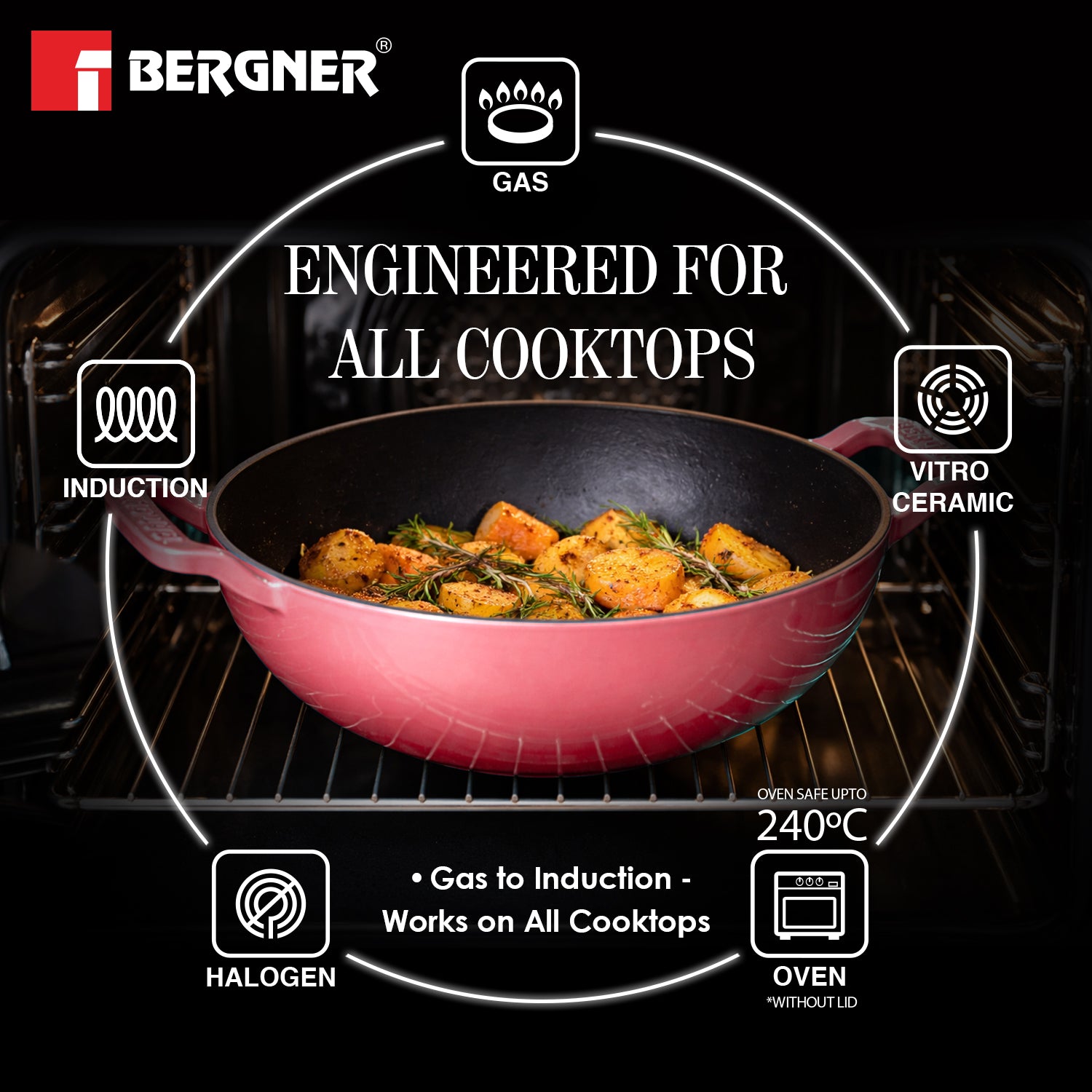 Excalibur Light Cast Iron 24cm (2.5L) Kadai with Lid - Induction Bottom, Pink