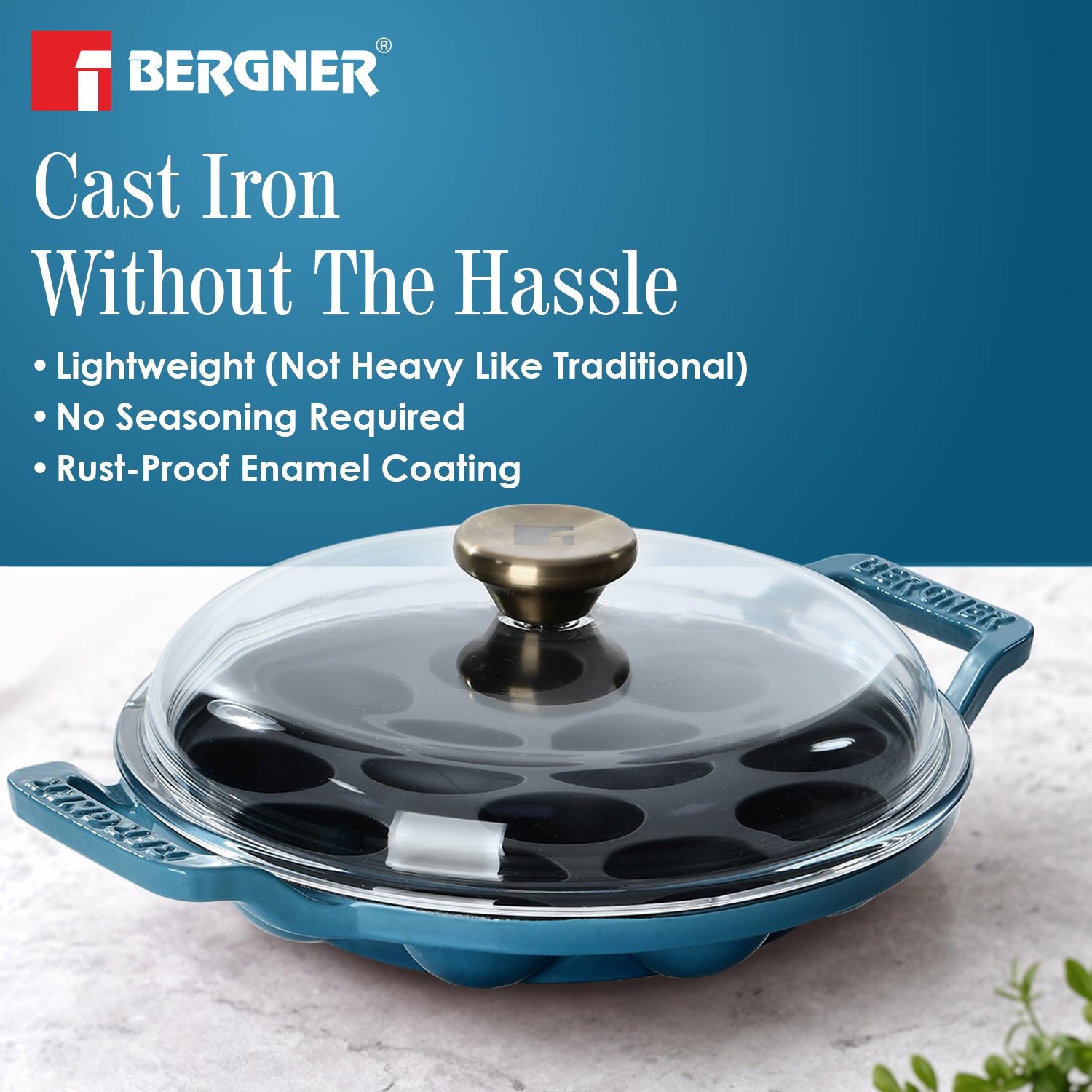 Excalibur Light Cast Iron 22cm Paniyarakal with Lid - Induction Bottom, Blue