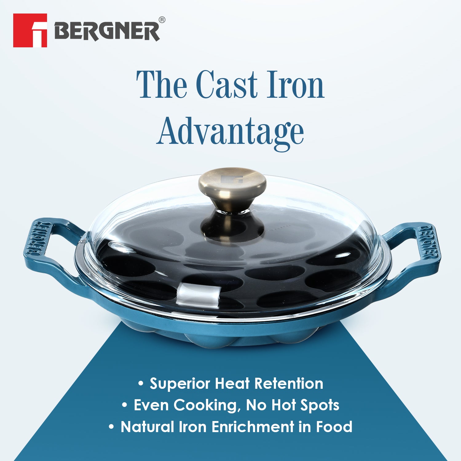 Excalibur Light Cast Iron 22cm Paniyarakal with Lid - Induction Bottom, Blue