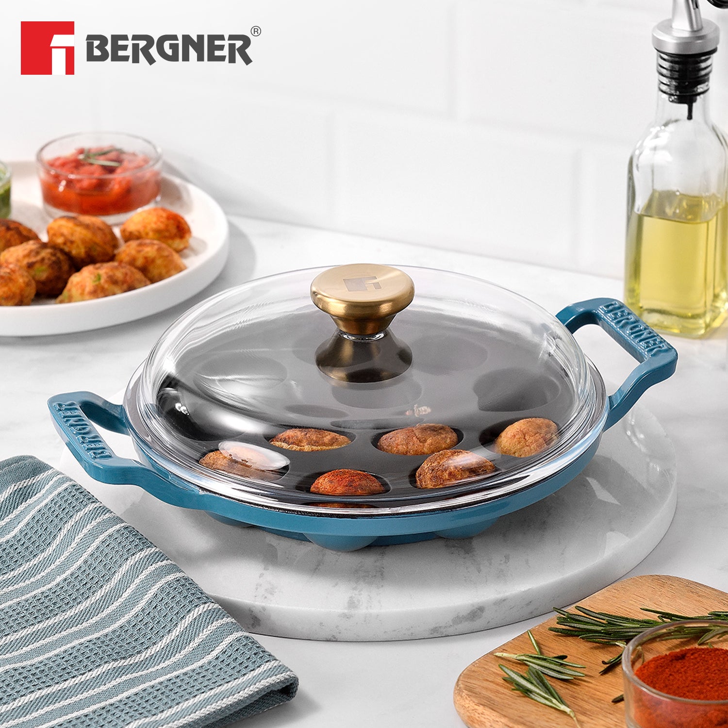 Excalibur Light Cast Iron 22cm Paniyarakal with Lid - Induction Bottom, Blue