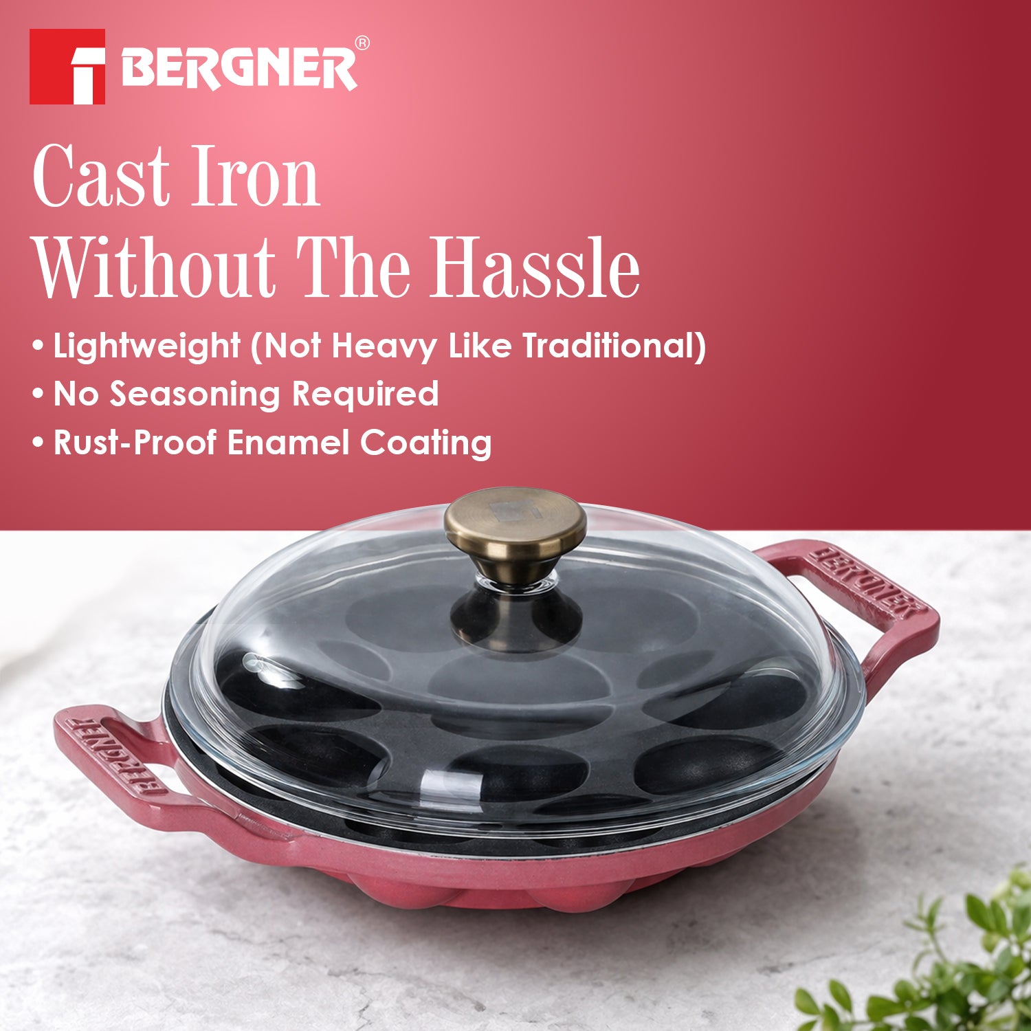 Excalibur Light Cast Iron 22cm Paniyarakal with Lid - Induction Bottom, Pink