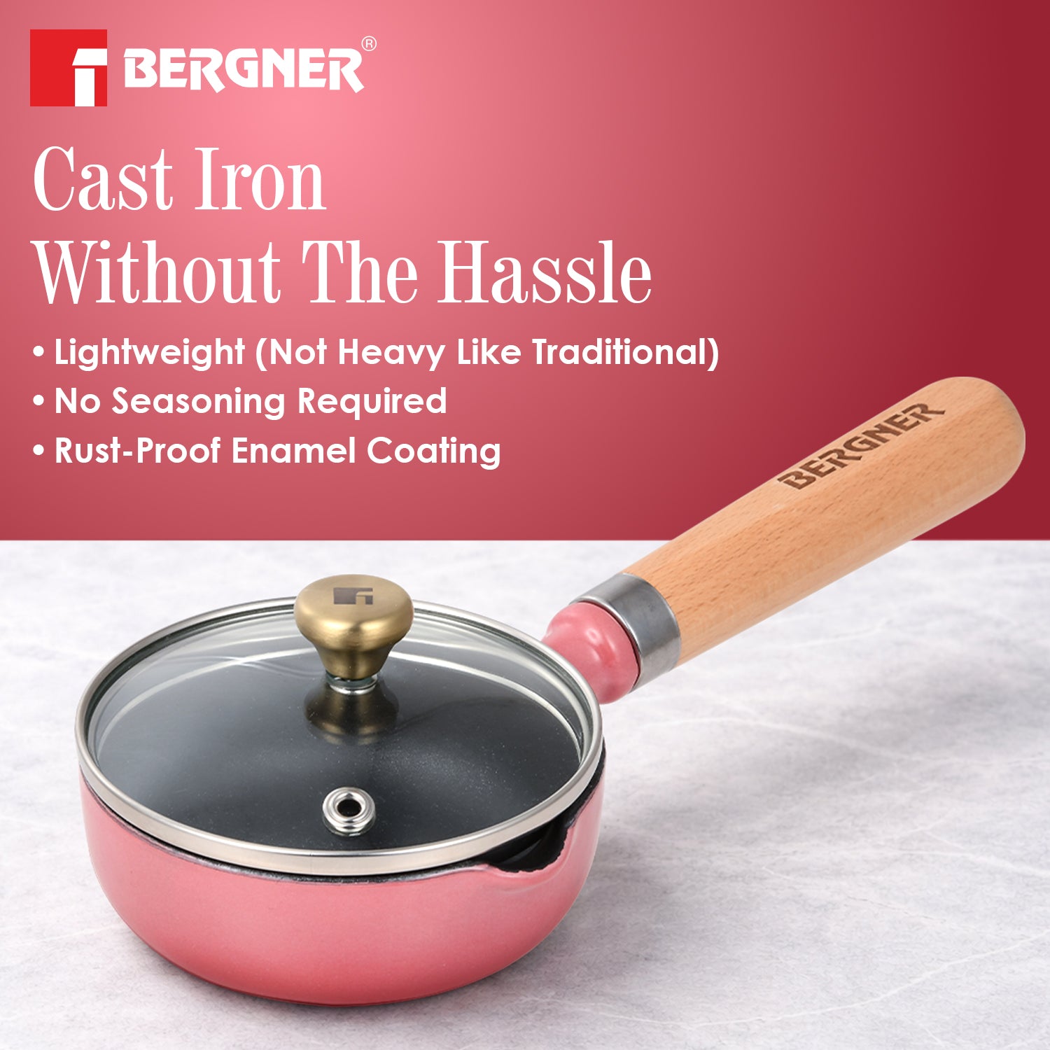 Excalibur Light Cast Iron 12cm / 200ml Tadkapan with Lid - Induction Bottom, Pink