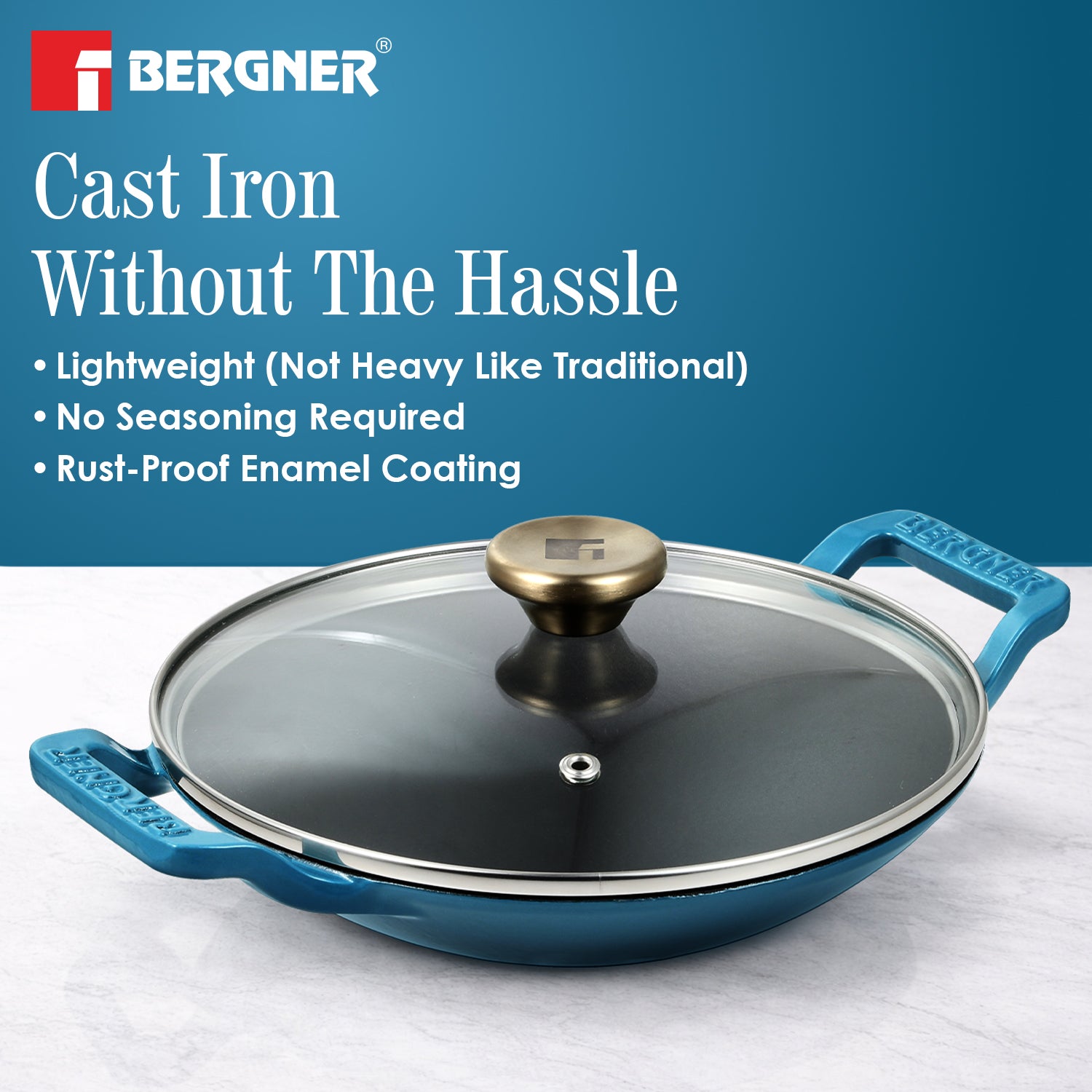 Excalibur Light Cast Iron 22cm (1L) Appachetty with Lid - Induction Bottom, Blue