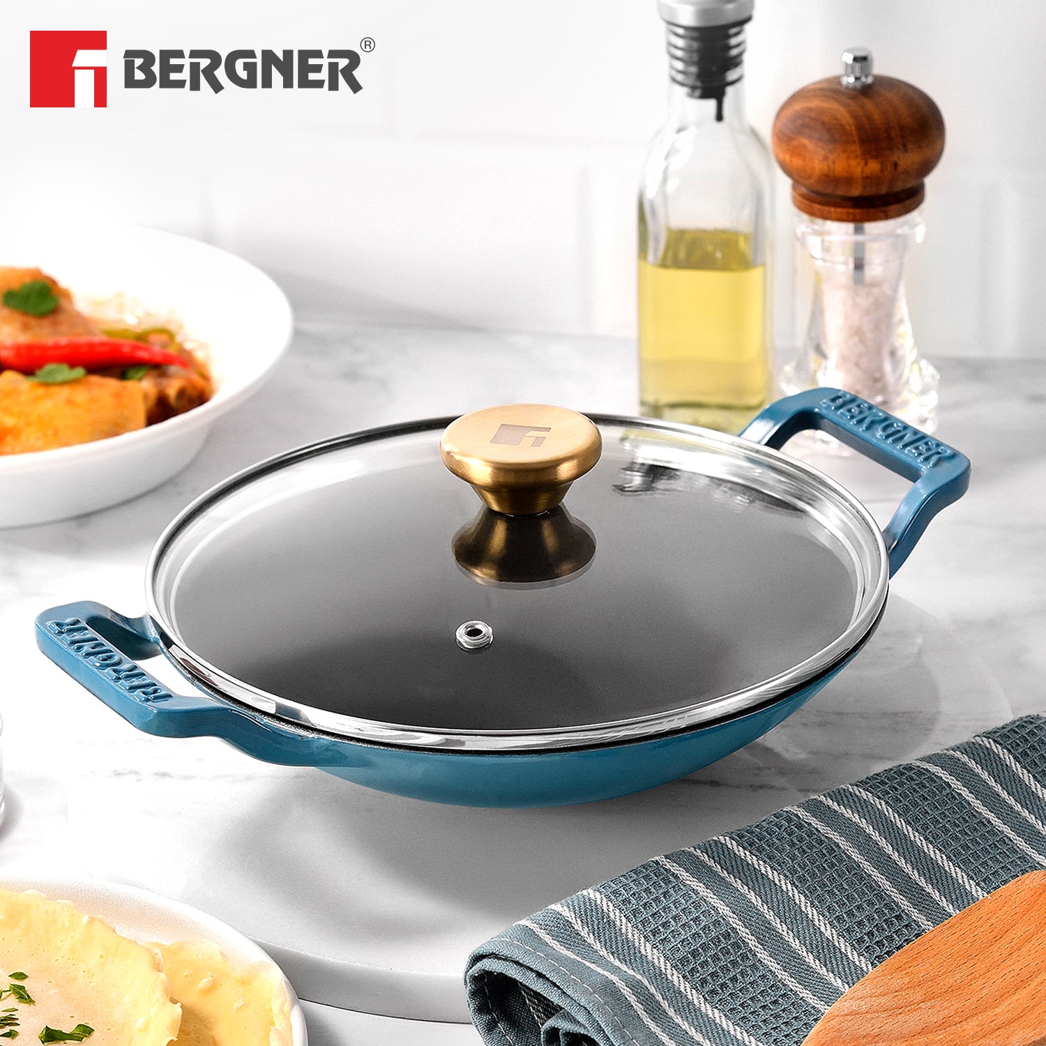 Excalibur Light Cast Iron 22cm (1L) Appachetty with Lid - Induction Bottom, Blue