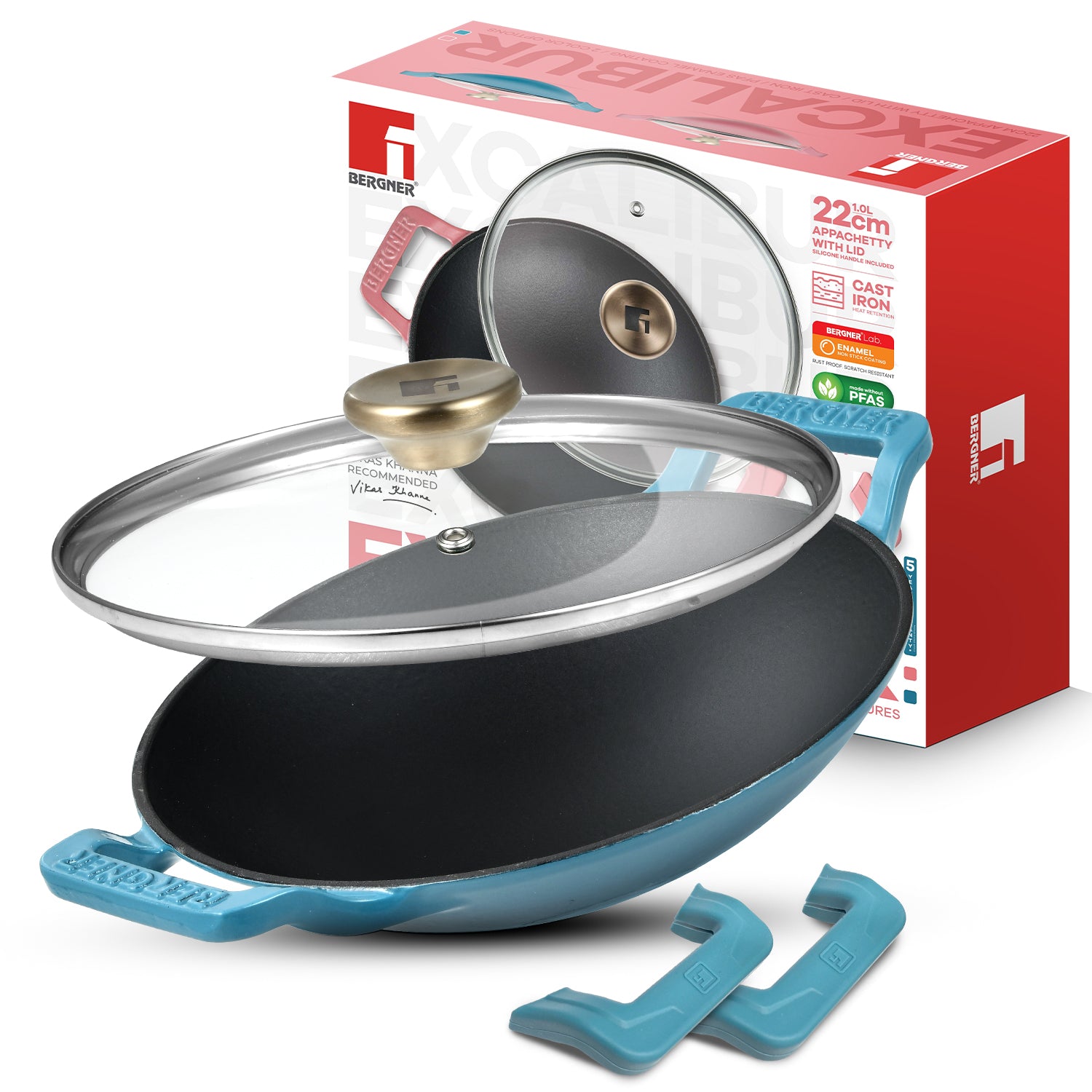 Excalibur Light Cast Iron 22cm (1L) Appachetty with Lid - Induction Bottom, Blue