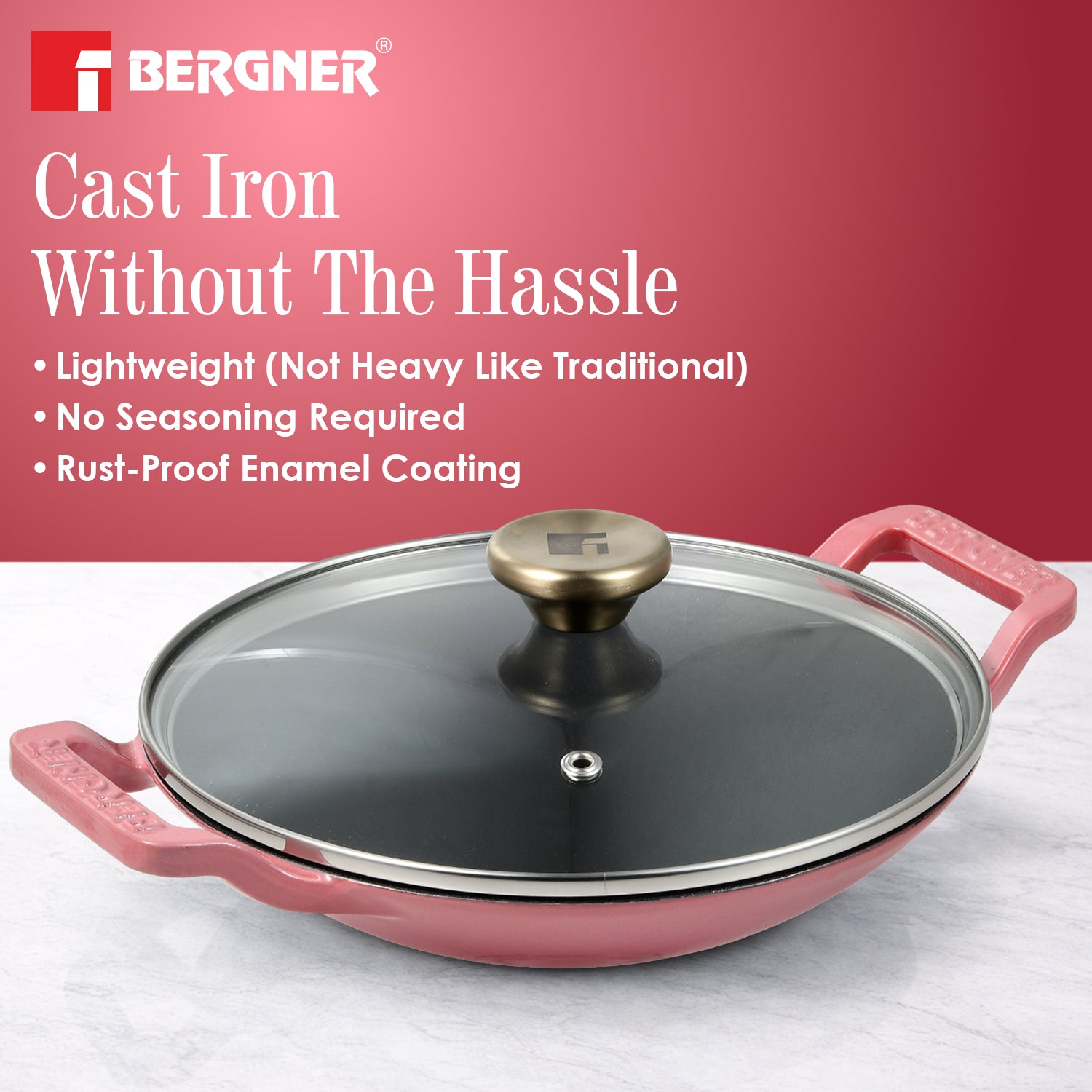 Excalibur Light Cast Iron 22cm (1L) Appachetty with Lid - Induction Bottom, Pink