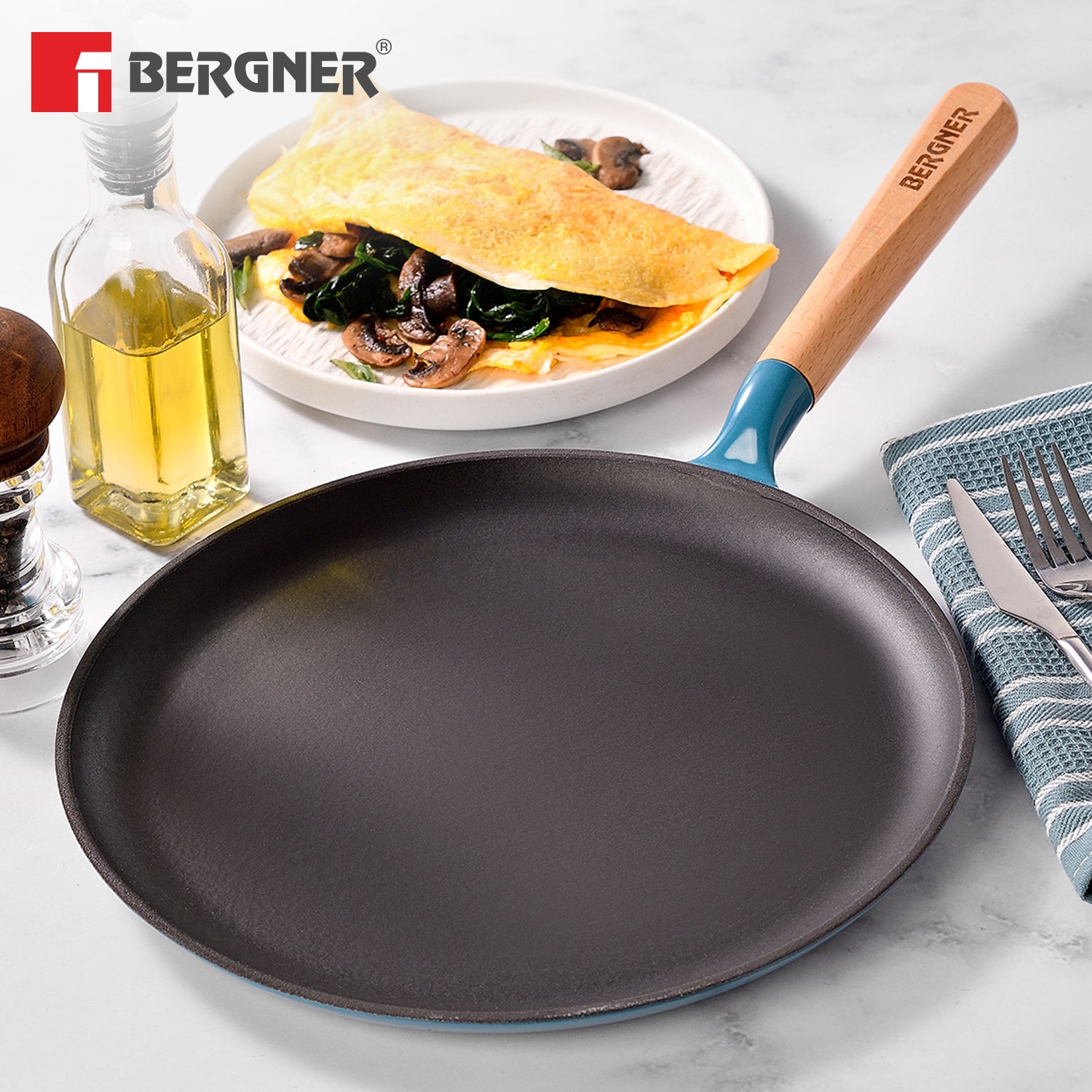 Excalibur Light Cast Iron Dosa Tawa 30cm - Induction Bottom, Blue