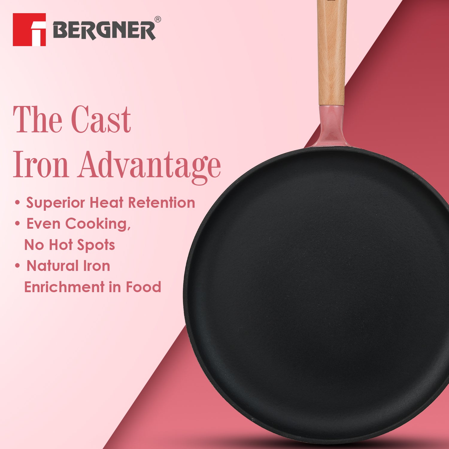 Excalibur Light Cast Iron Dosa Tawa 30cm - Induction Bottom, Pink