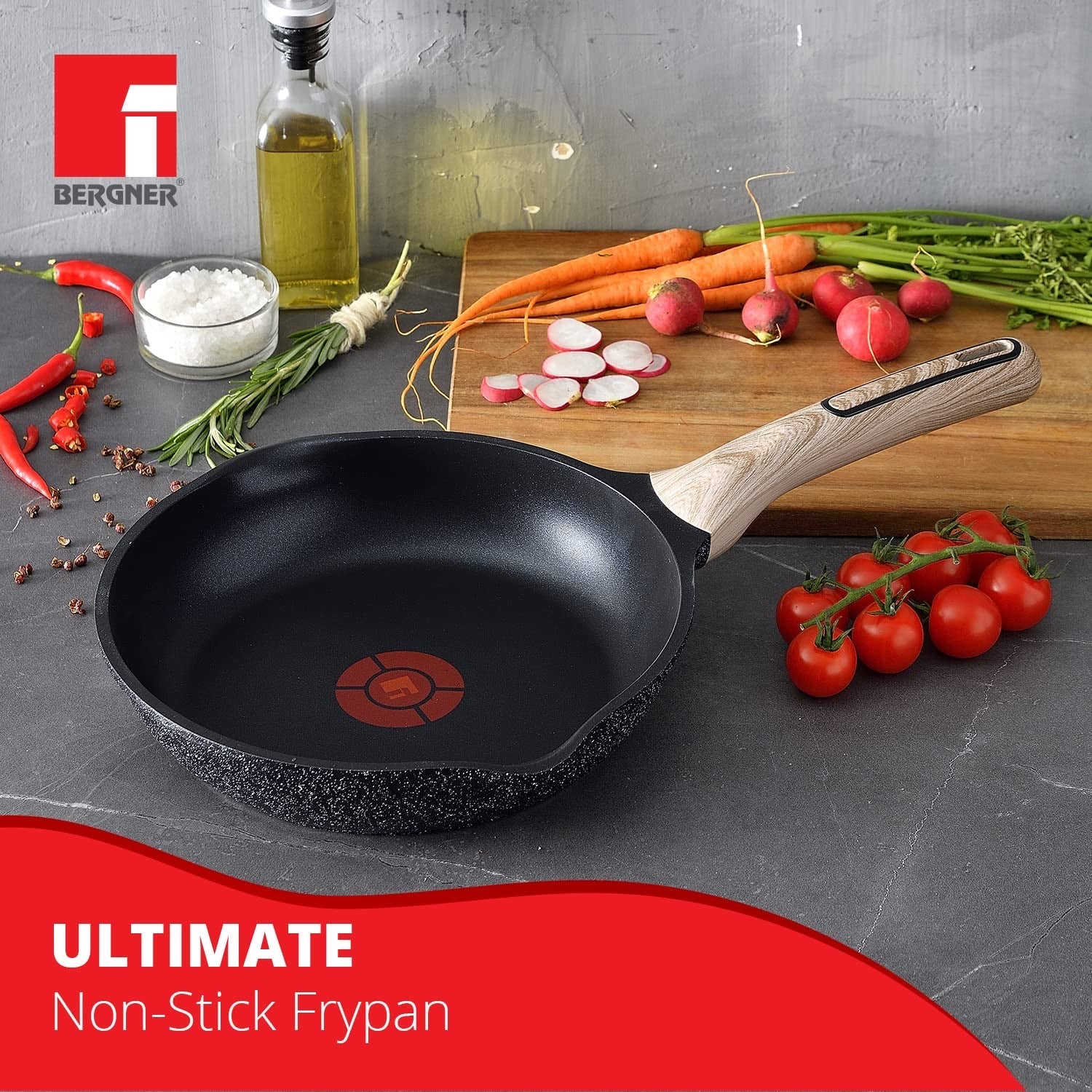 Bergner Ultimate ILag Marble Non-Stick Frypan 24 cm, 1.8 Litres, Induction Base, Wooden Soft Touch Handle, Thickness 4.5mm (Grey)