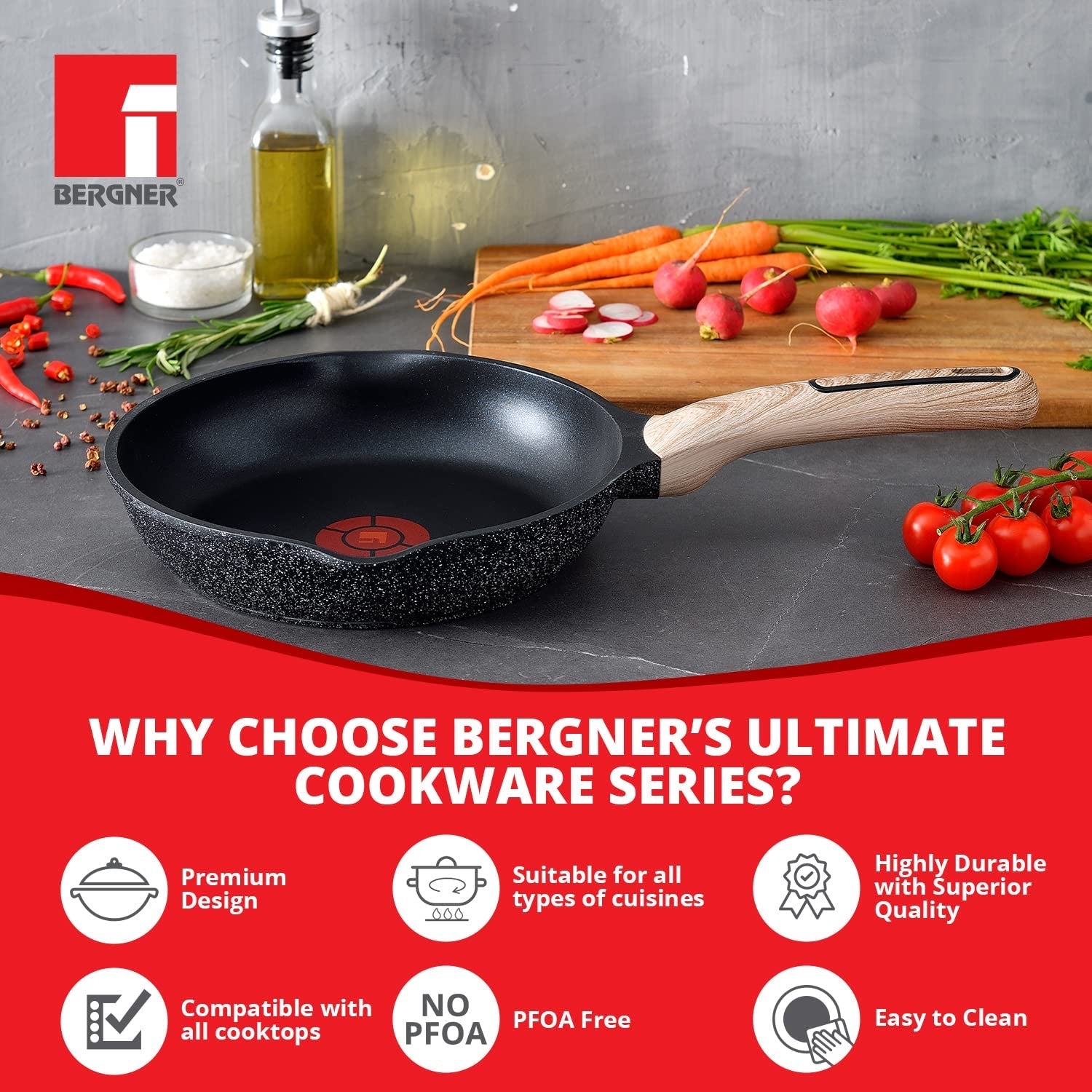 Bergner Ultimate ILag Marble Non-Stick Frypan 24 cm, 1.8 Litres, Induction Base, Wooden Soft Touch Handle, Thickness 4.5mm (Grey)