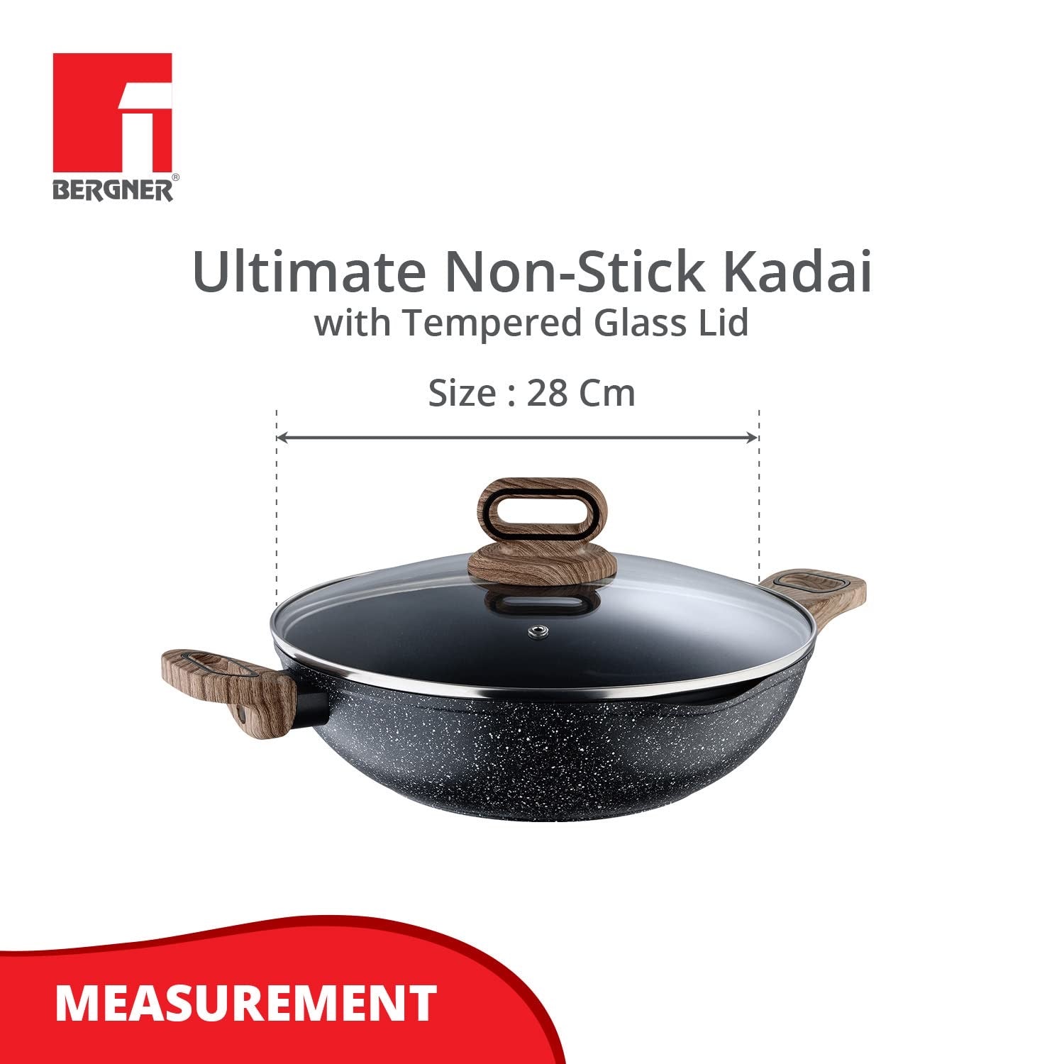 Bergner Ultimate ILag Marble Non-Stick Kadai with Glass Lid 28 cm, 3.3 Litres, Induction Base, Wooden Soft Touch Handle, Thickness 3.5mm (Grey)