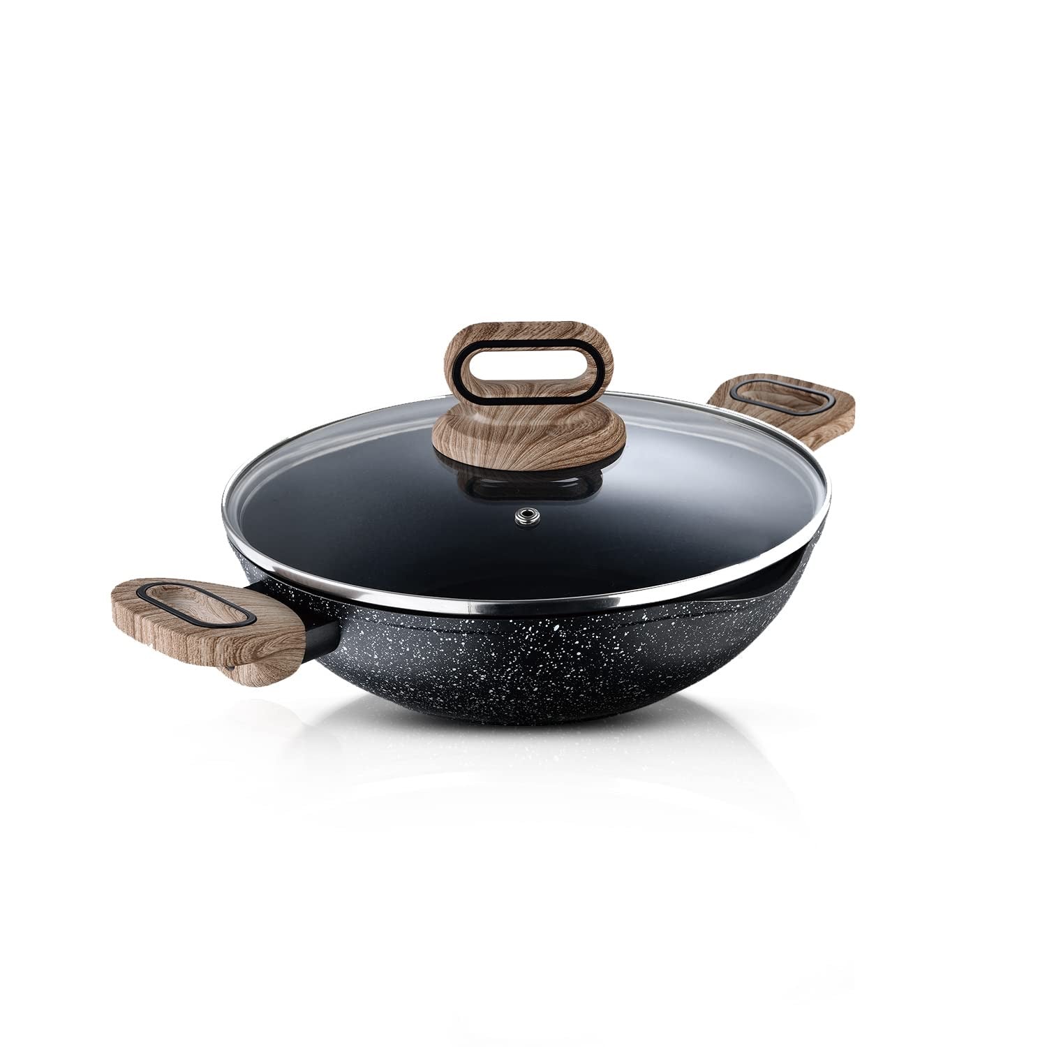 Bergner Ultimate ILag Marble Non-Stick Kadai with Glass Lid 28 cm, 3.3 Litres, Induction Base, Wooden Soft Touch Handle, Thickness 3.5mm (Grey)