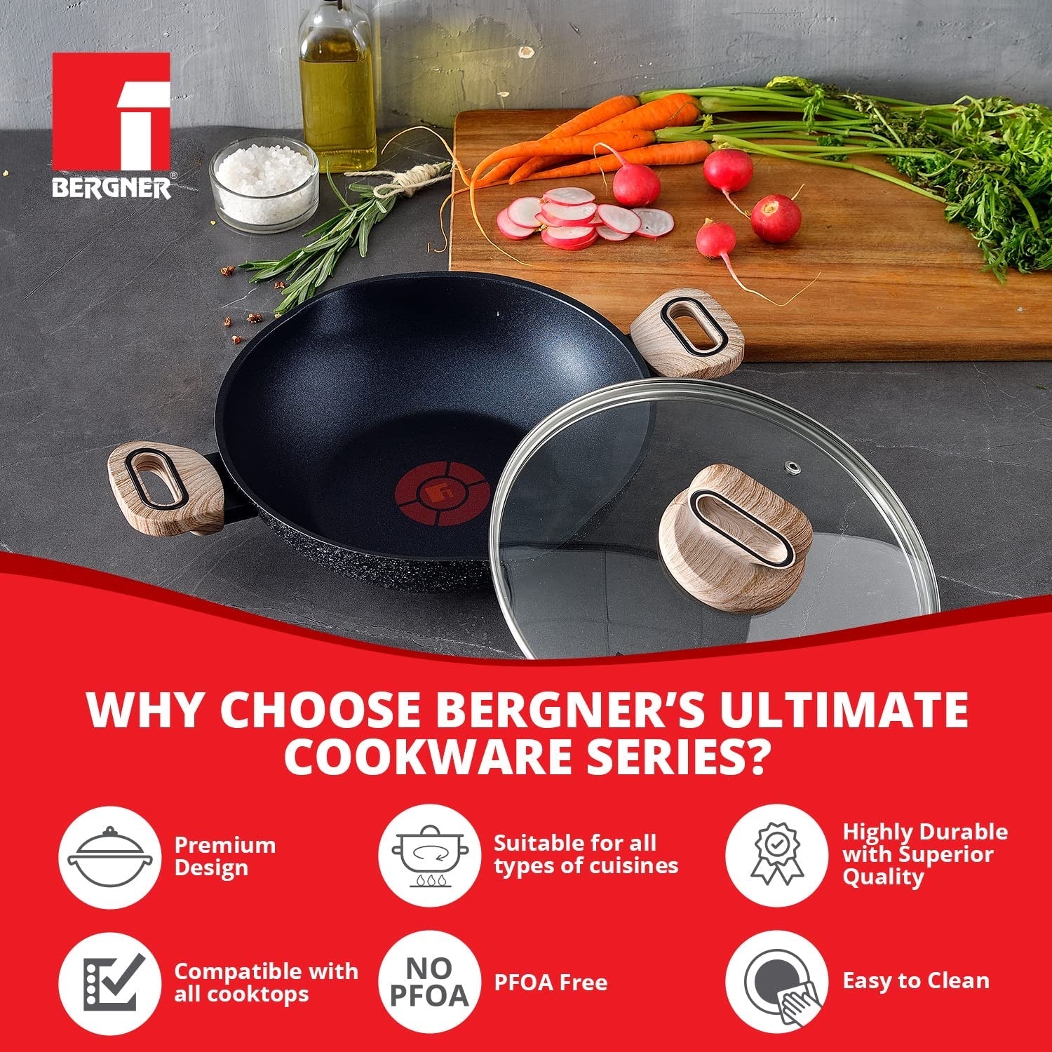 Bergner Ultimate ILag Marble Non-Stick Kadai with Glass Lid 28 cm, 3.3 Litres, Induction Base, Wooden Soft Touch Handle, Thickness 3.5mm (Grey)