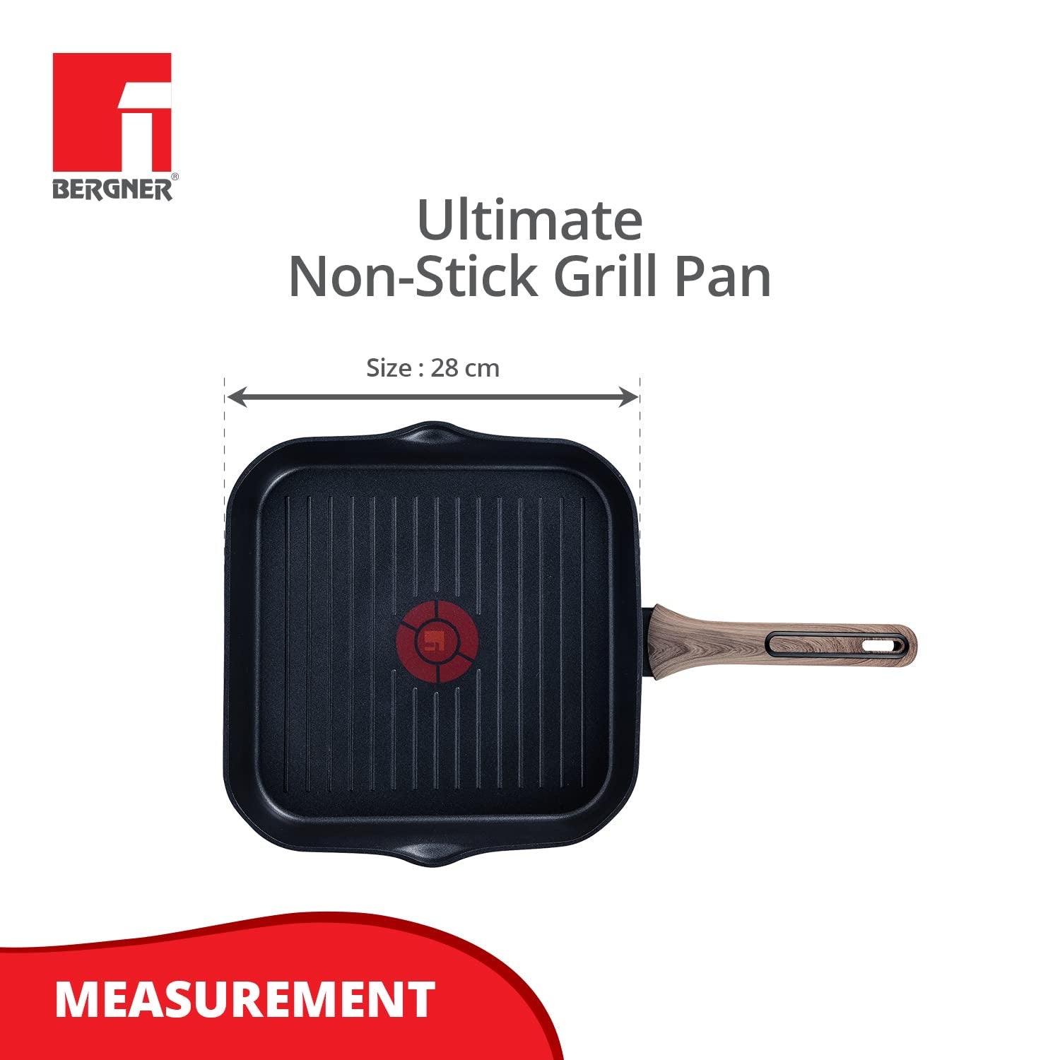 Bergner Ultimate ILag Marble Non-Stick Grillpan, 28 cm, Induction Base, Wooden Soft Touch Handle, Thickness 3.5mm (Grey)