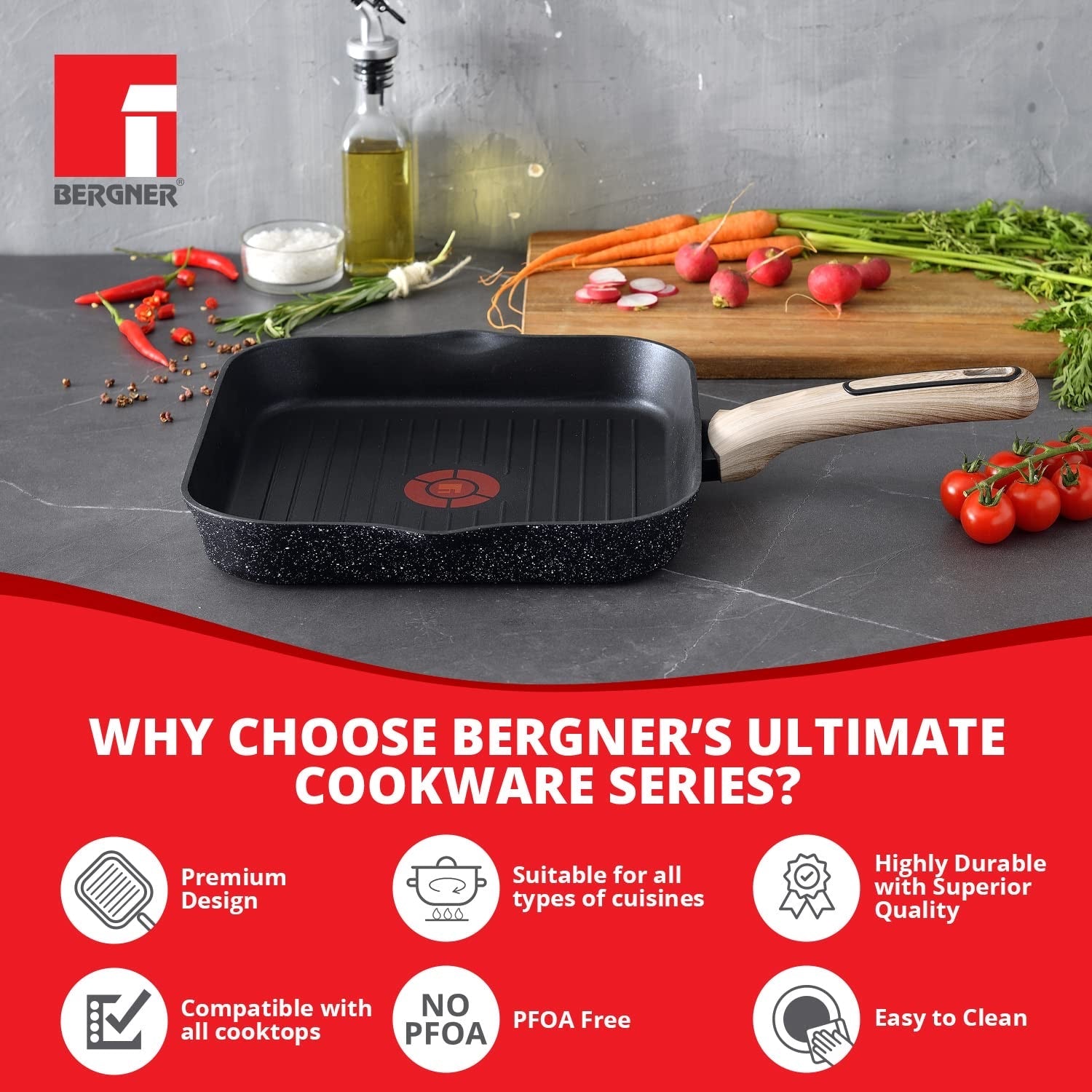 Bergner Ultimate ILag Marble Non-Stick Grillpan, 28 cm, Induction Base, Wooden Soft Touch Handle, Thickness 3.5mm (Grey)