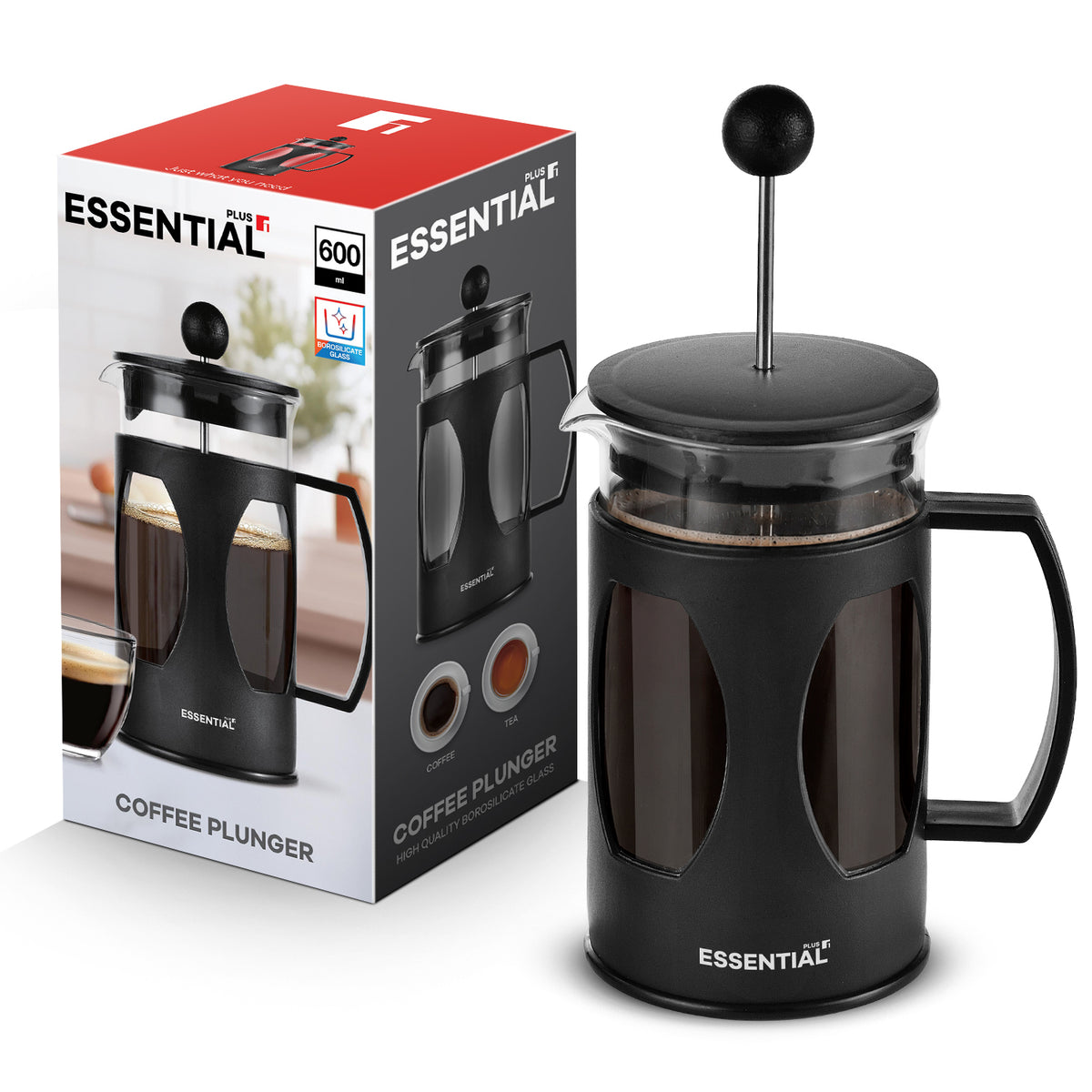 Bergner Essential Plus 600ml borosilicate glass coffee plunger displayed with retail packaging box on white background