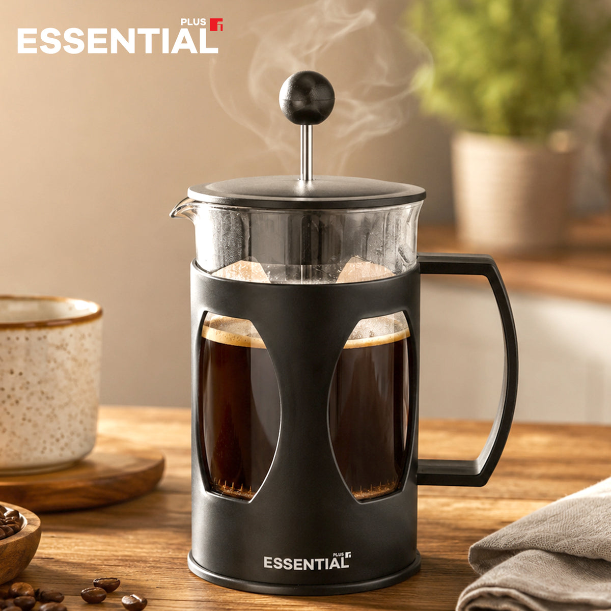 Bergner Essential Plus 600ml borosilicate glass coffee plunger brewing hot coffee with rising steam on wooden table