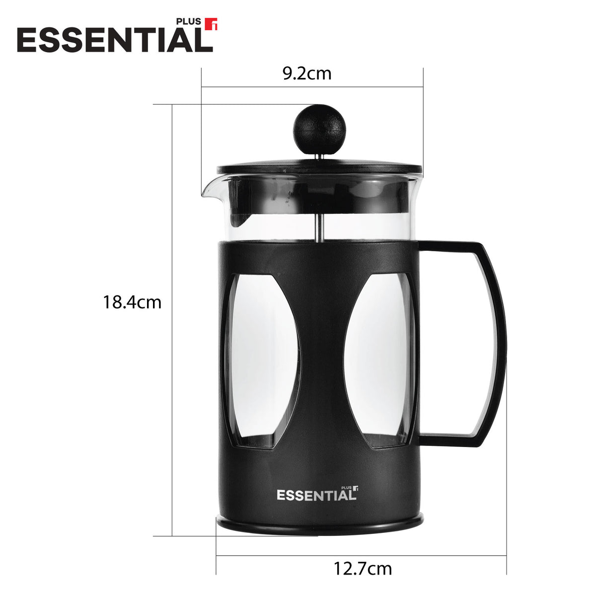 Bergner Essential Plus 600ml coffee plunger dimensional diagram showing 18.4cm height, 9.2cm lid diameter, and 12.7cm width with handle
