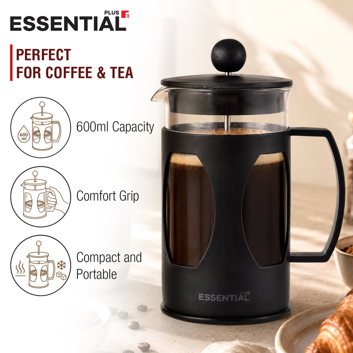 Bergner Essential Plus 600ml borosilicate glass coffee plunger for coffee and tea with comfort grip handle and black frame