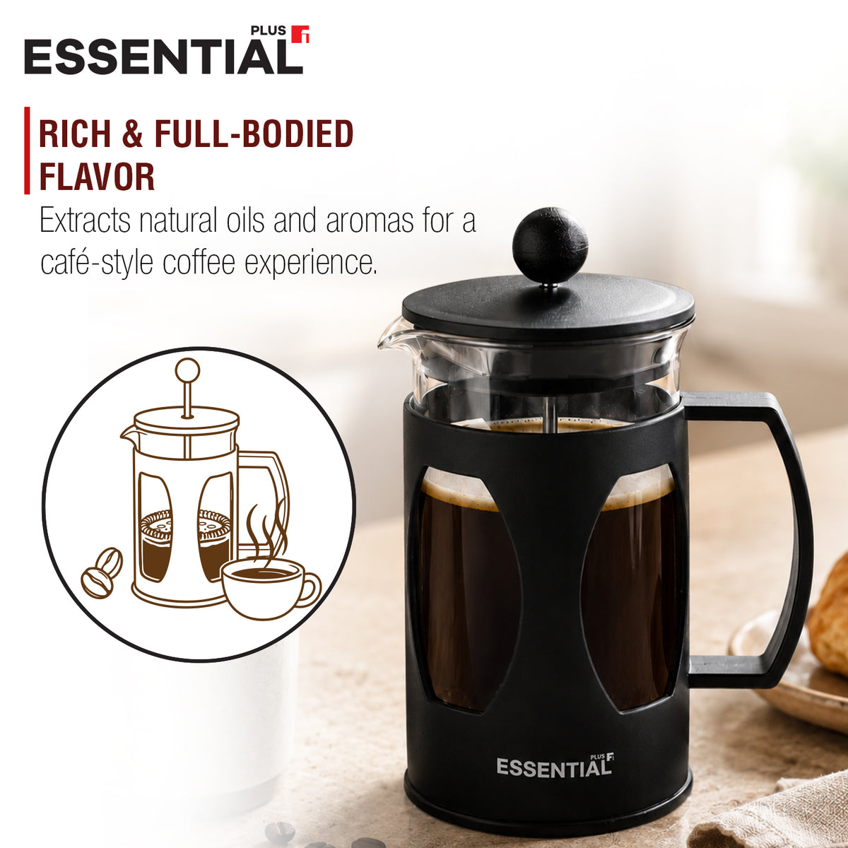 Bergner Essential Plus 600ml borosilicate glass coffee plunger French press brewing rich coffee with black heat-resistant frame