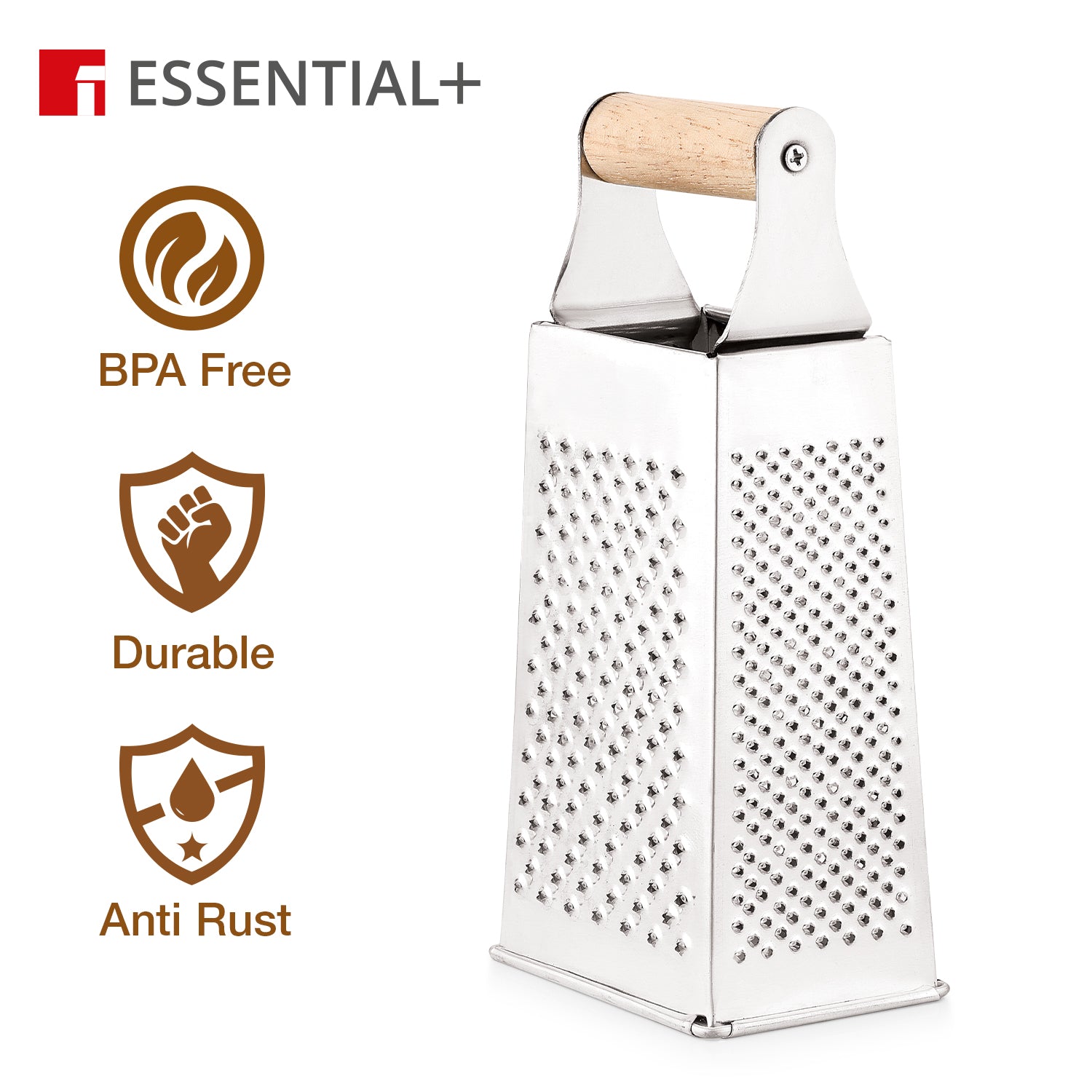 Essential Plus Stainless Steel 4 Sided Multi Function Grater with wood handle