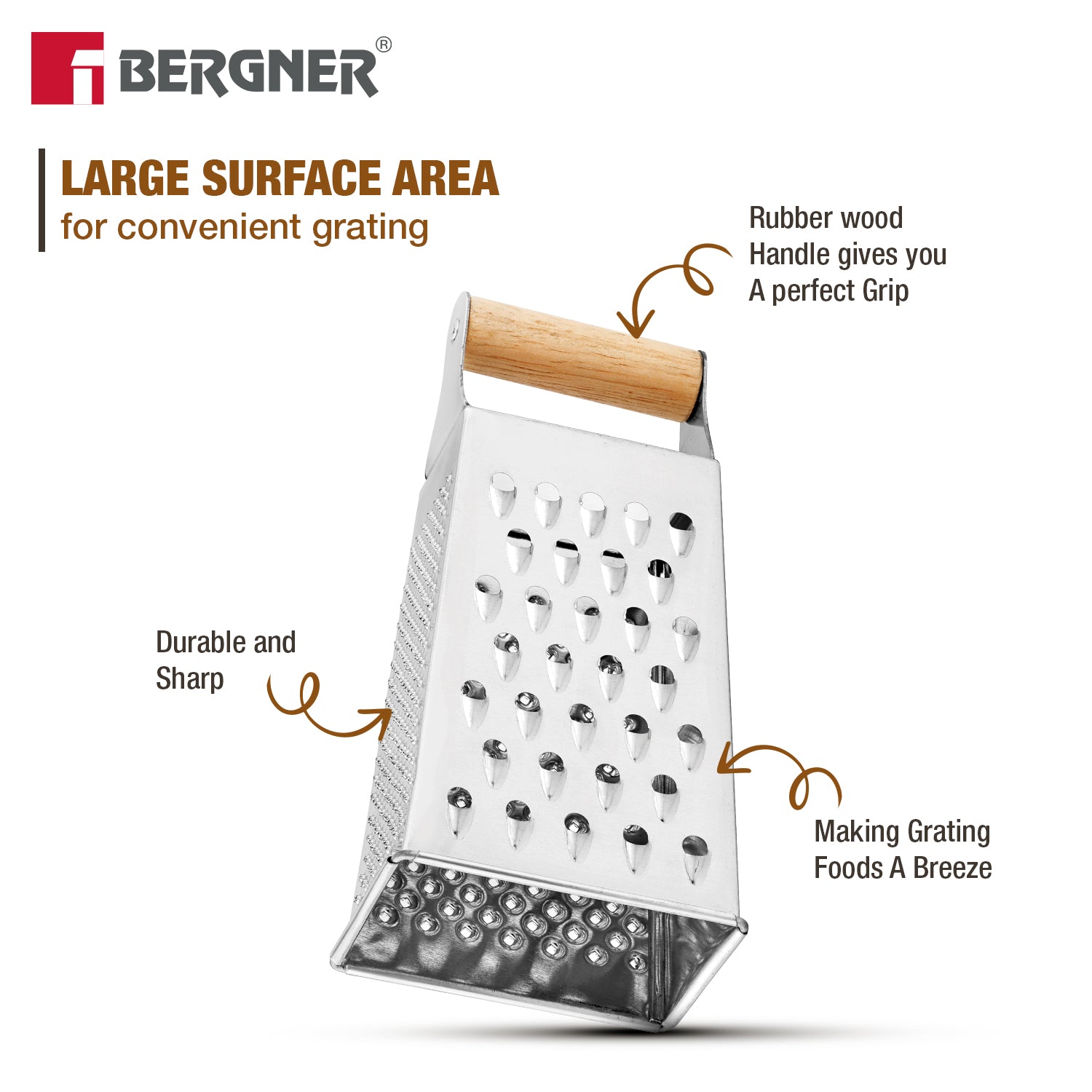 Essential Plus Stainless Steel 4 Sided Multi Function Grater with wood handle