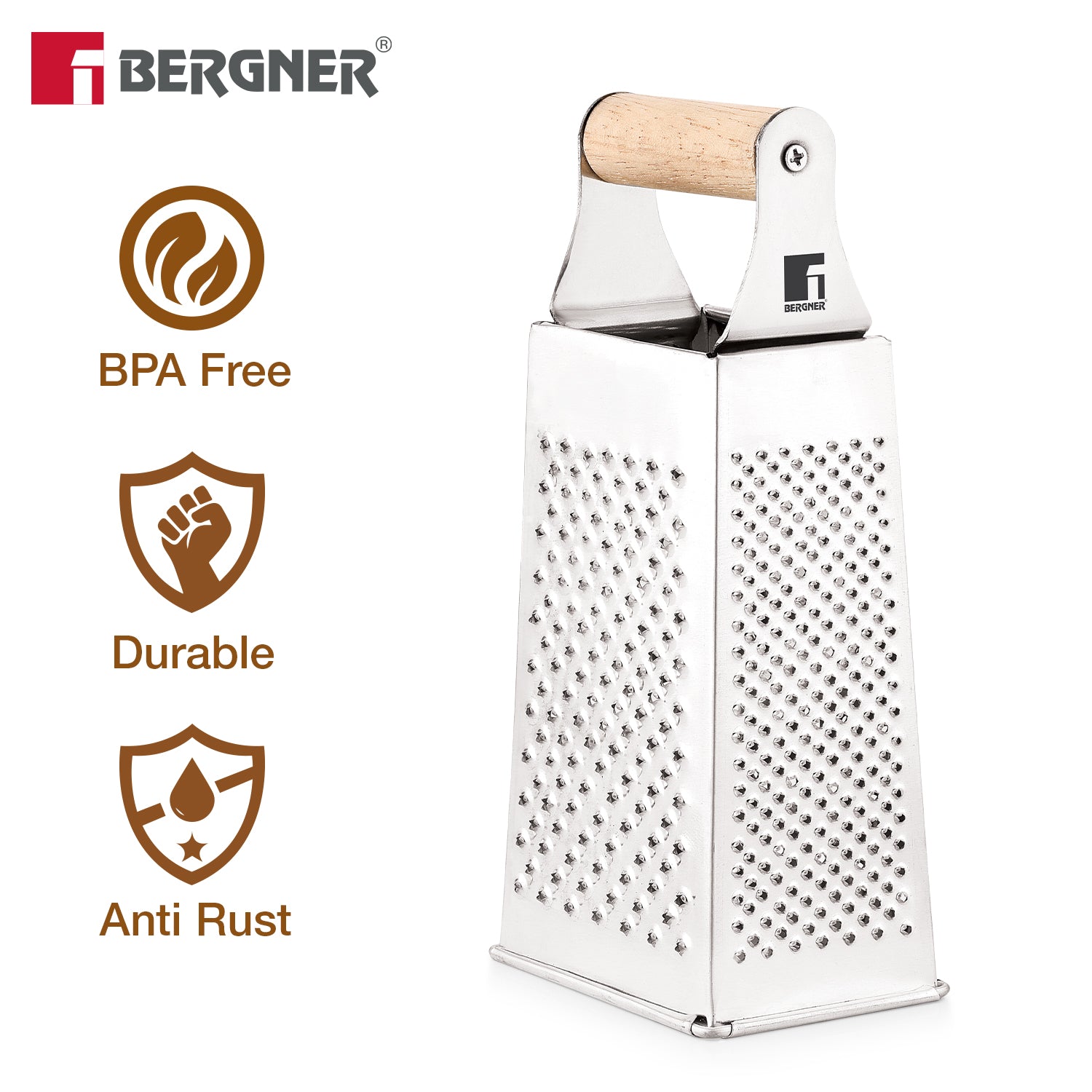 Essential Plus Stainless Steel 4 Sided Multi Function Grater with wood handle