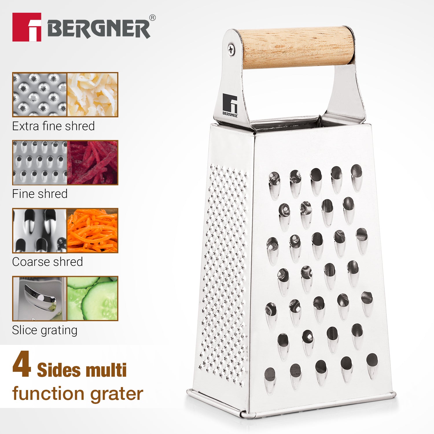 Essential Plus Stainless Steel 4 Sided Multi Function Grater with wood handle