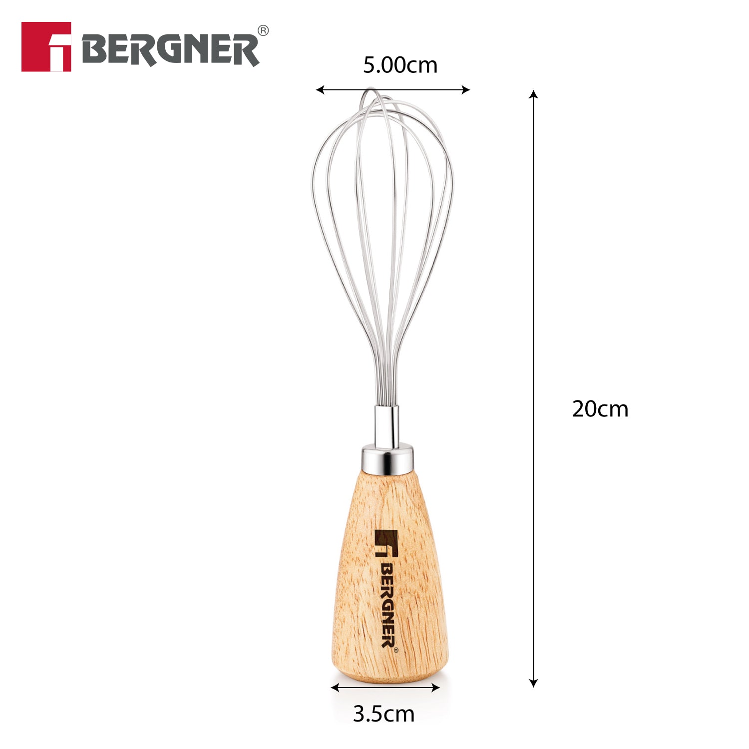 Bergner Essential Plus 20cm manual hand whisk dimension diagram showing 20cm overall height, 5.00cm head width, and 3.5cm wooden handle base