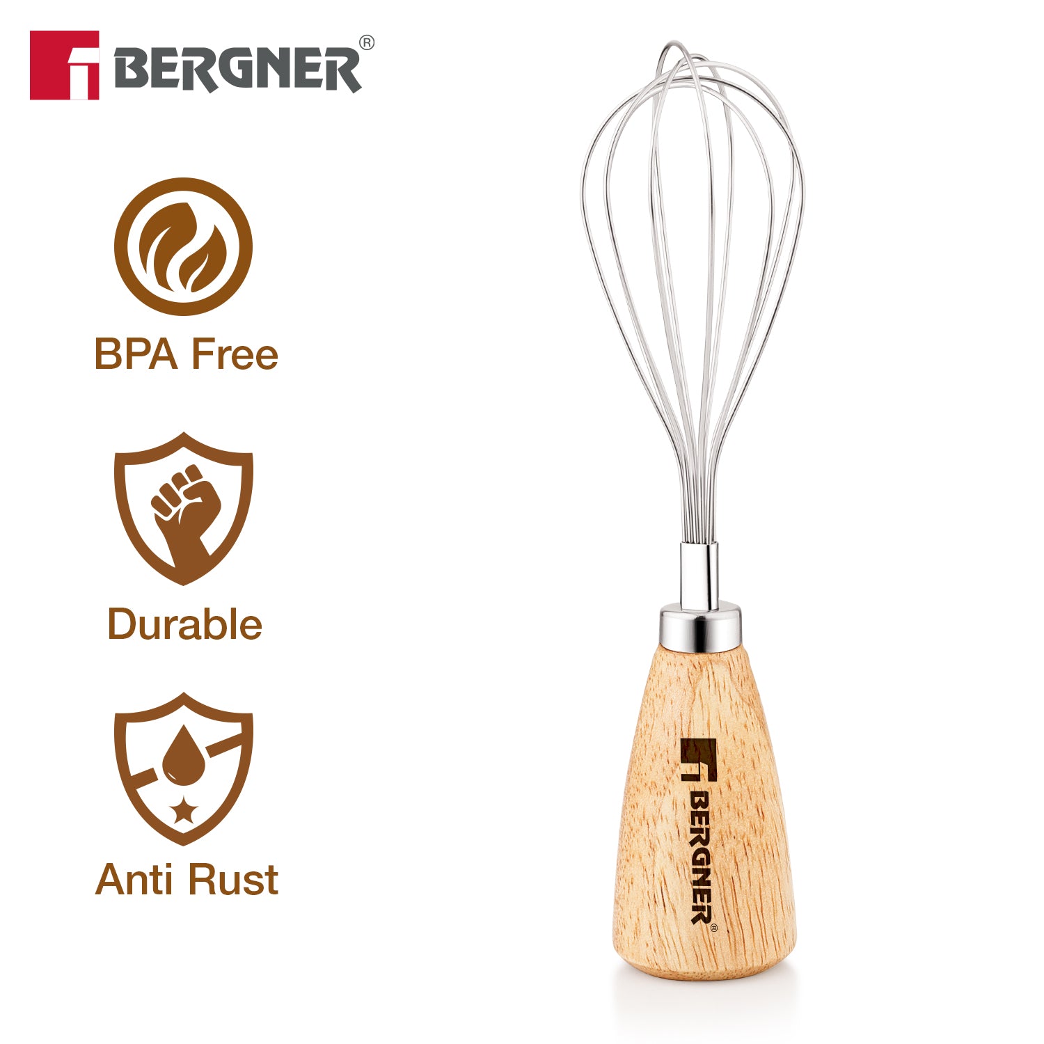Bergner Essential Plus 20cm stainless steel manual hand whisk with wooden handle highlighting BPA free, durable, and anti-rust features