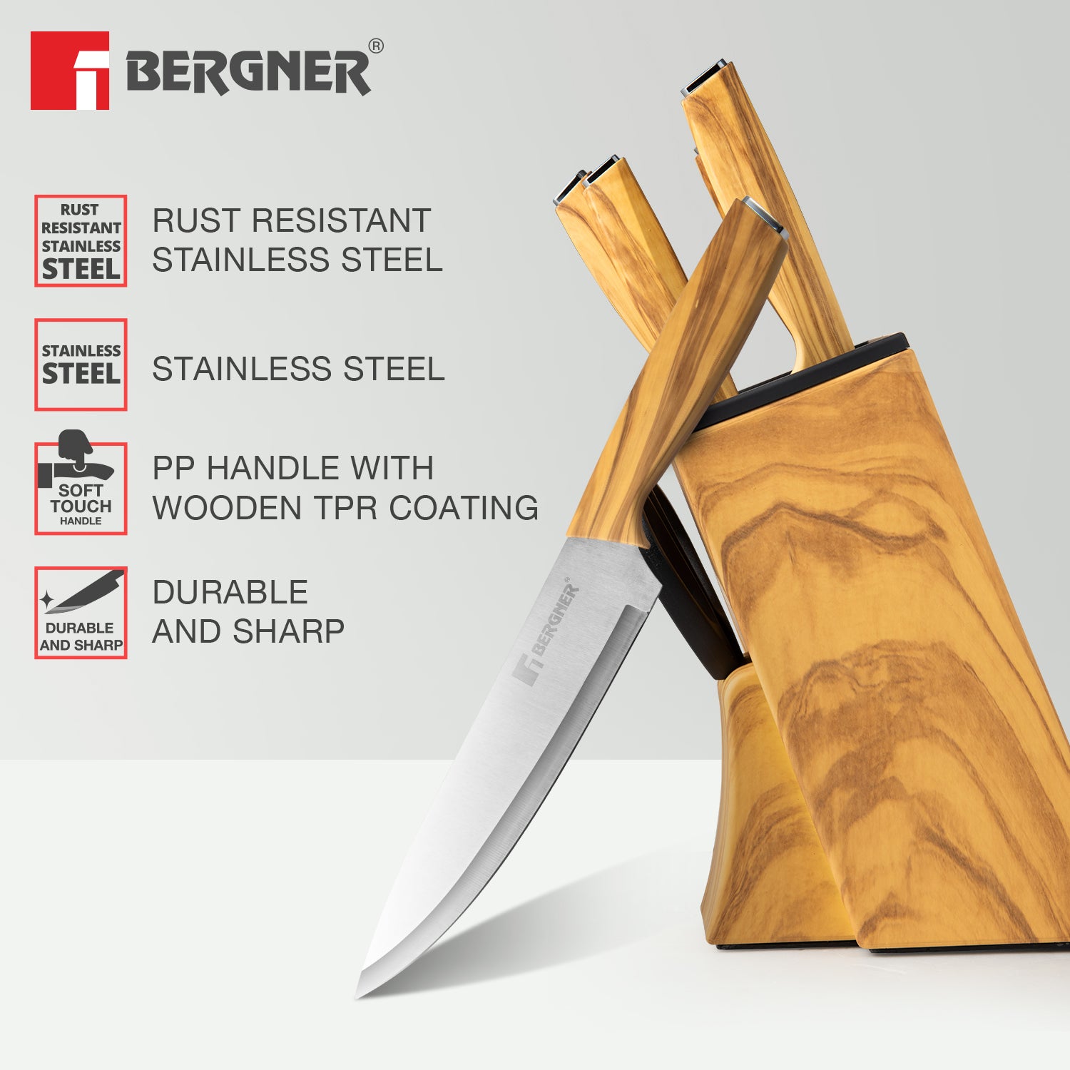 Bergner Olive Garden Stainless Steel 7 Pcs Knife Set - Chef Knife, Santoku Knife, Carving Knife, Utility Knife, Paring Knife, Scissor with Wooden Block