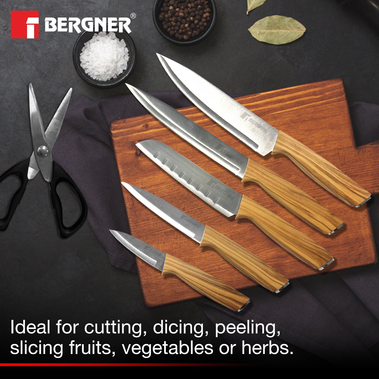 Bergner Olive Garden Stainless Steel 7 Pcs Knife Set - Chef Knife, Santoku Knife, Carving Knife, Utility Knife, Paring Knife, Scissor with Wooden Block